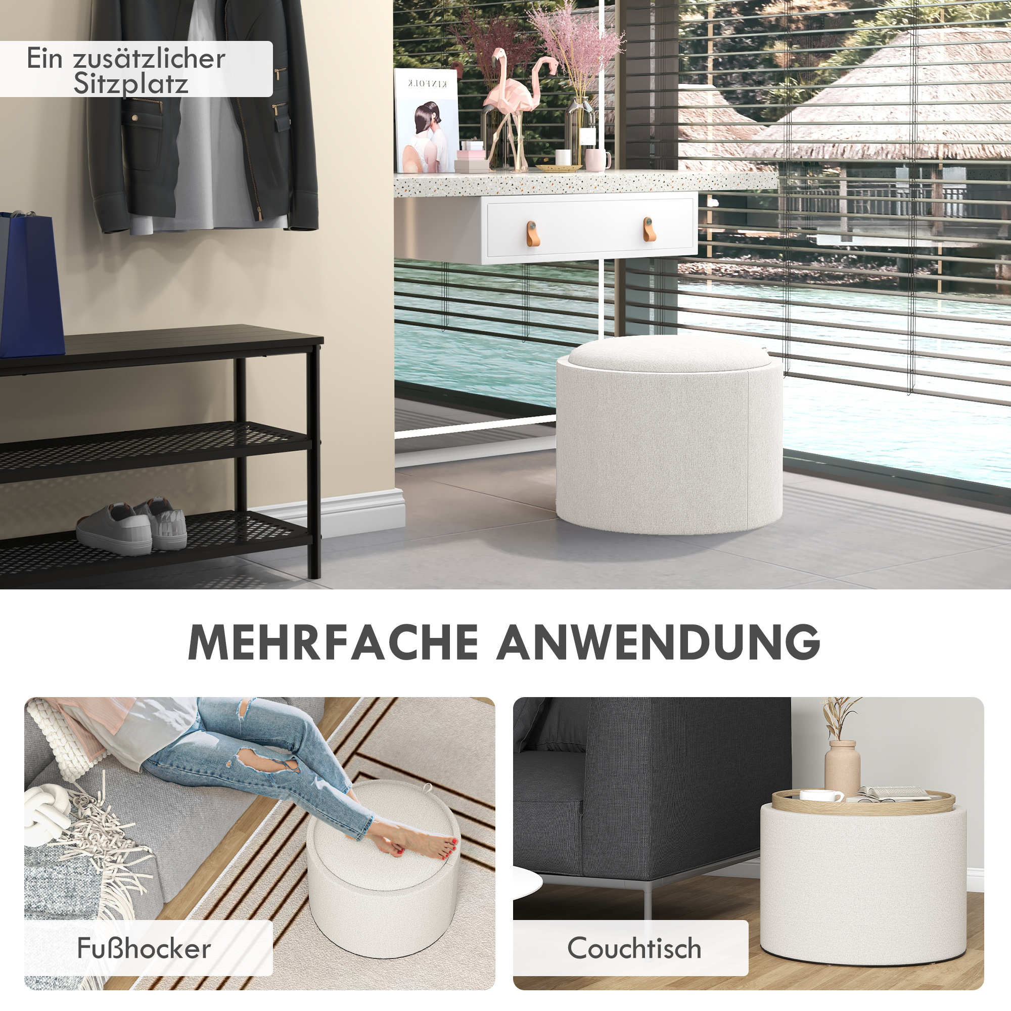 Hocker Polsterhocker, Leinen, versteckter Stauraum, umkehrbarer Deckel, 5 6cm x 56 cm x 42 cm, Creme + Natur