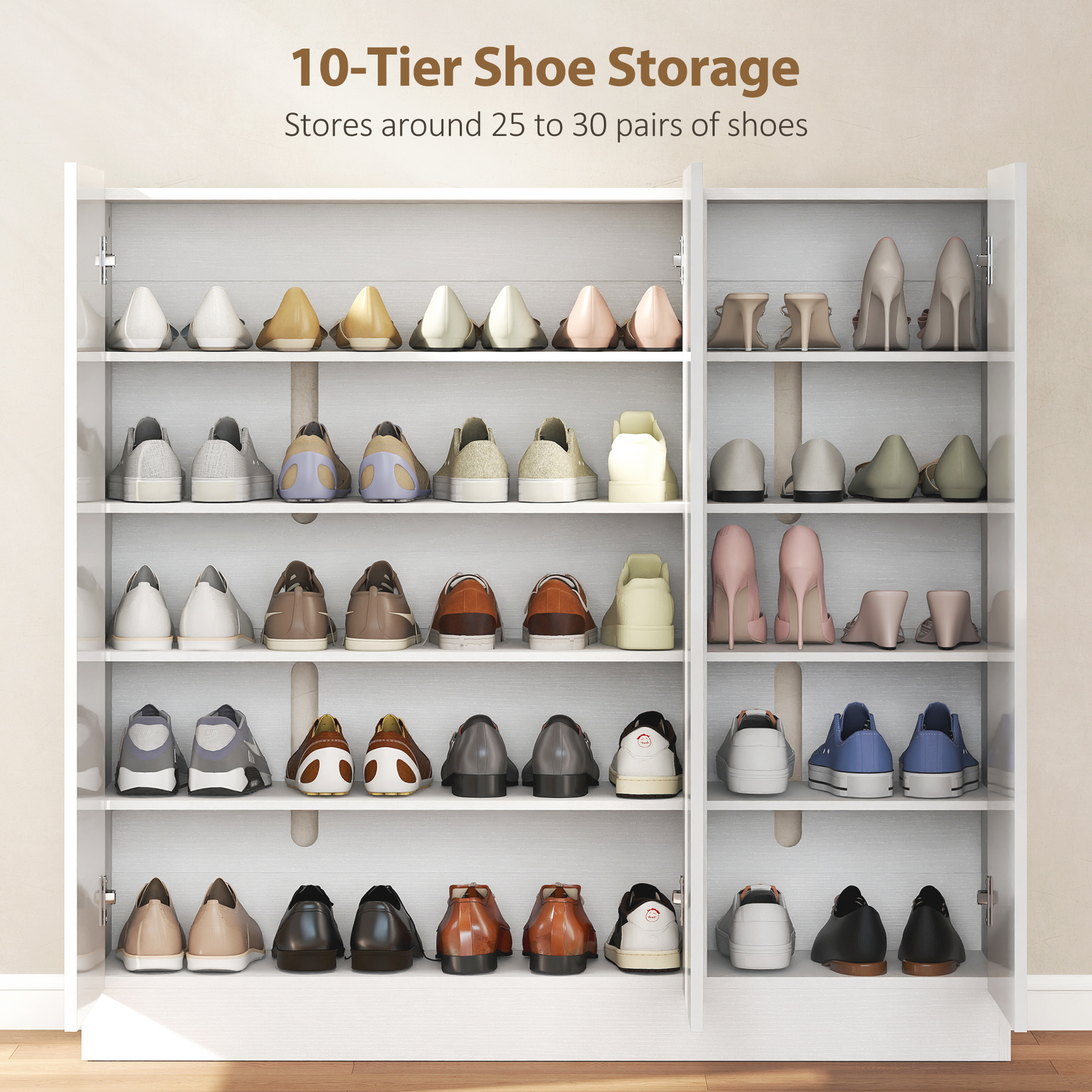 Schuhschrank mit 10 Regalen für 25-30 Schuh-Paare, Lüftungslöcher, Soft-Close-Türen, Holz, Weiß