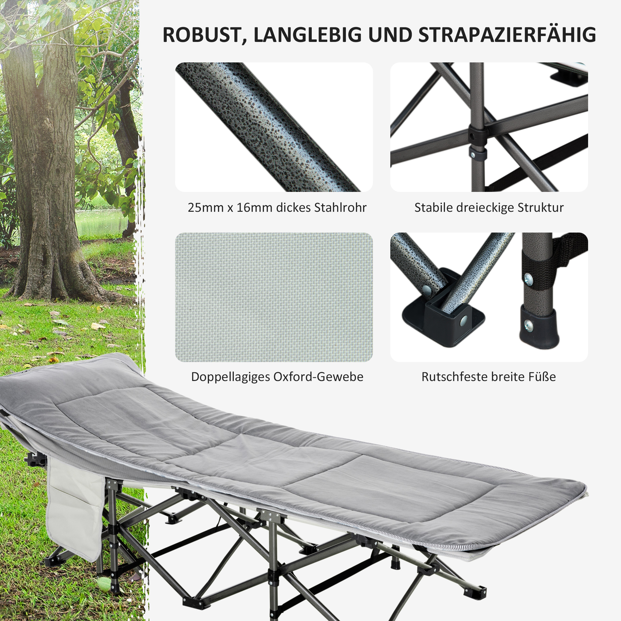 Feldbett faltbar Campingbett mit Matratze Tragetasche 188 x 64,5 x 53 cm Gästebett bis 150 kg belastbar Campingliege für Erwachsene Klappbett für Outdoor, Garten Camping Reisen Hellgrau