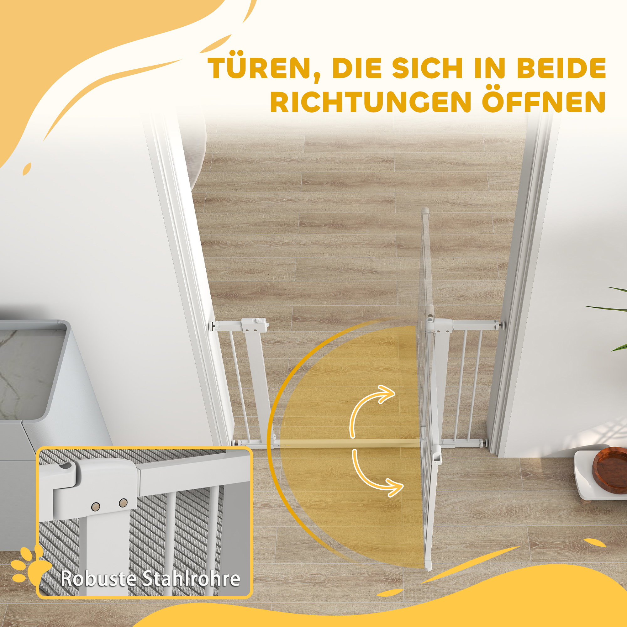 Haustiertor, 77 cm Treppengatter, verstellbare Breite 76-104 cm, mit Katzentür, für Treppen und Türöffnungen, Weiß