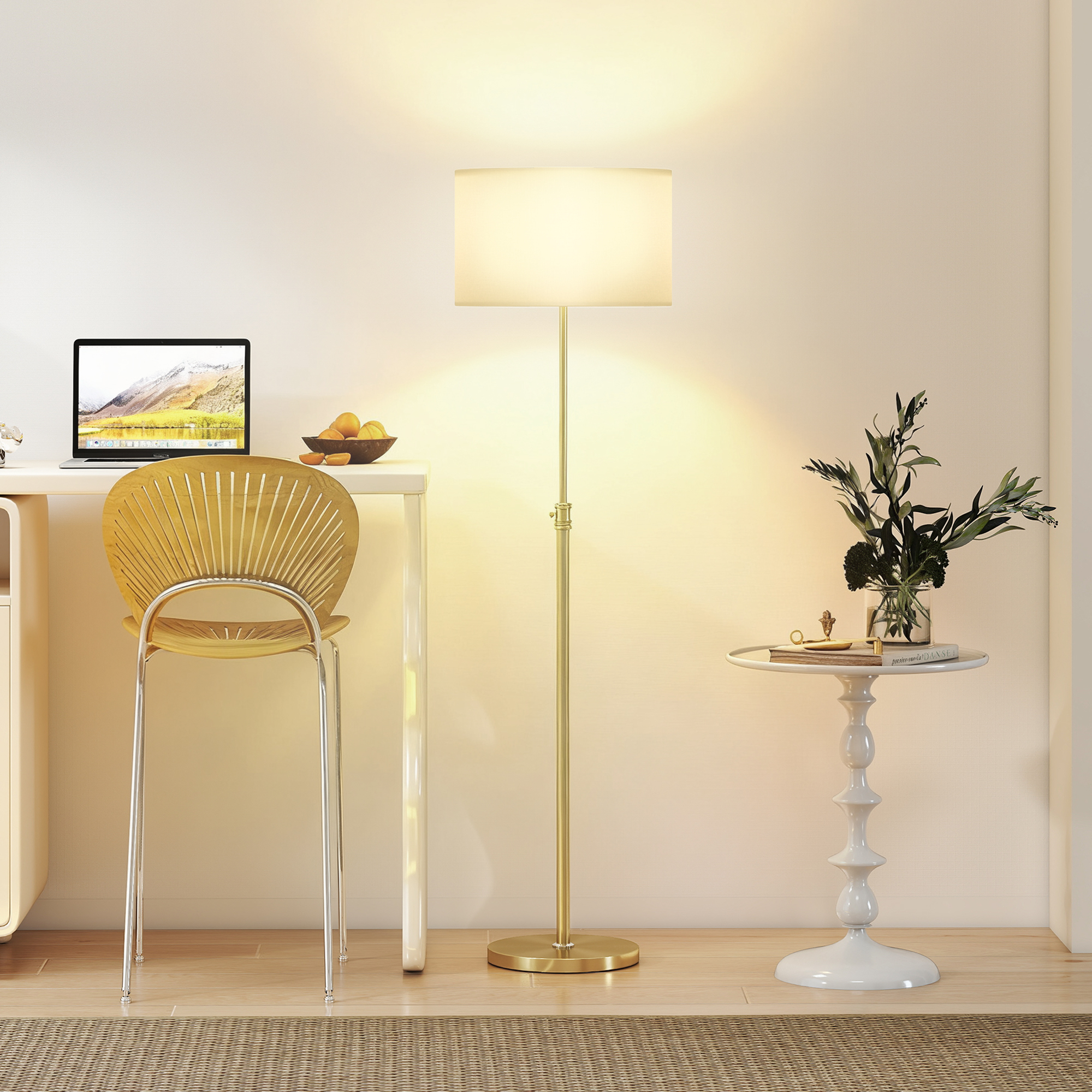 Stehlampe mit Fernbedienung, höhenverstellbar, Stoffschirm, Metallständer, anpassbare Helligkeit, Fußschalter, Goldfarben