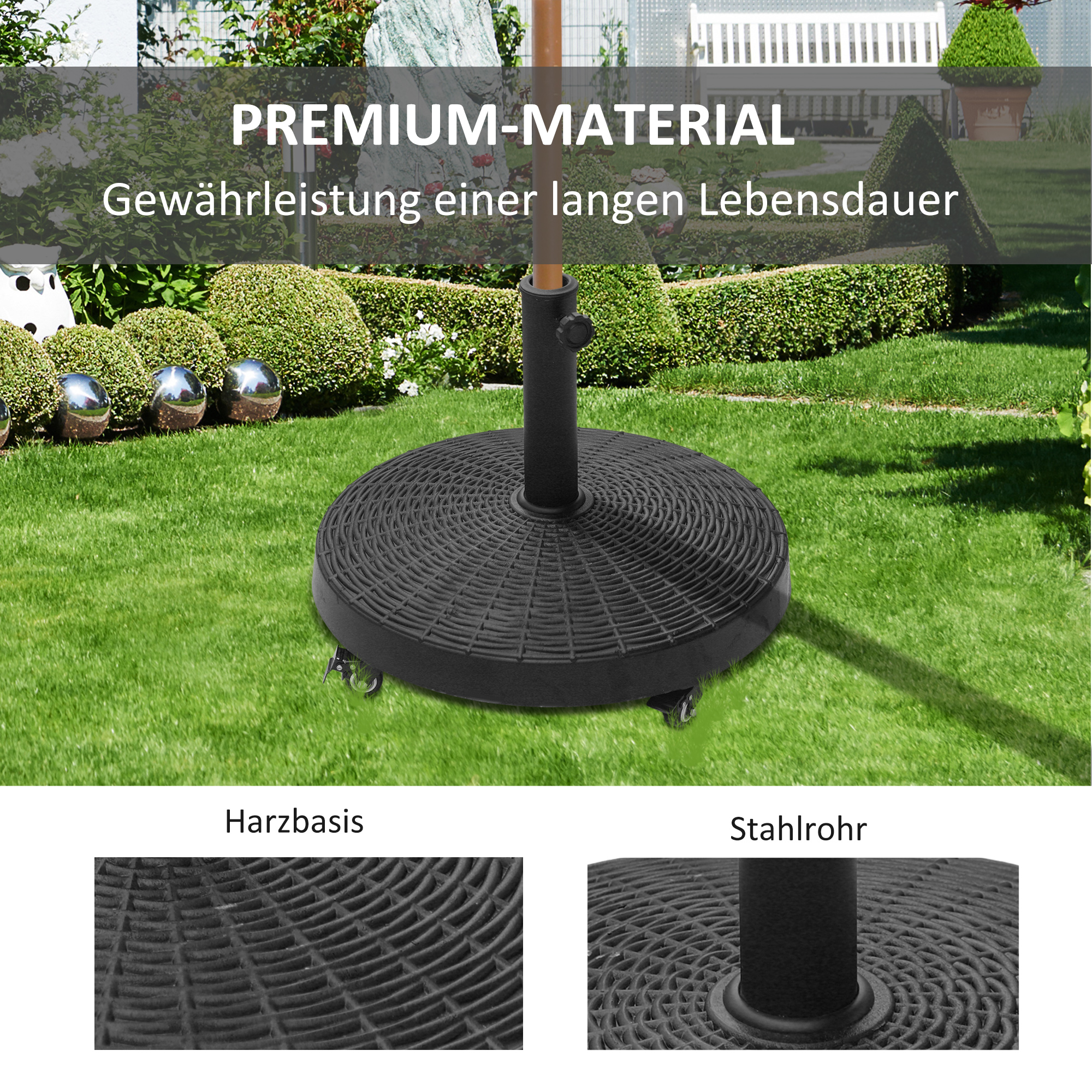 Sonnenschirmständer 25kg Schirmständer mit Rollen rund Rattanoptik Ständer für Schirmstangen mit Ø38/48 mm Ständer für Garten, Balkon, Schwarz