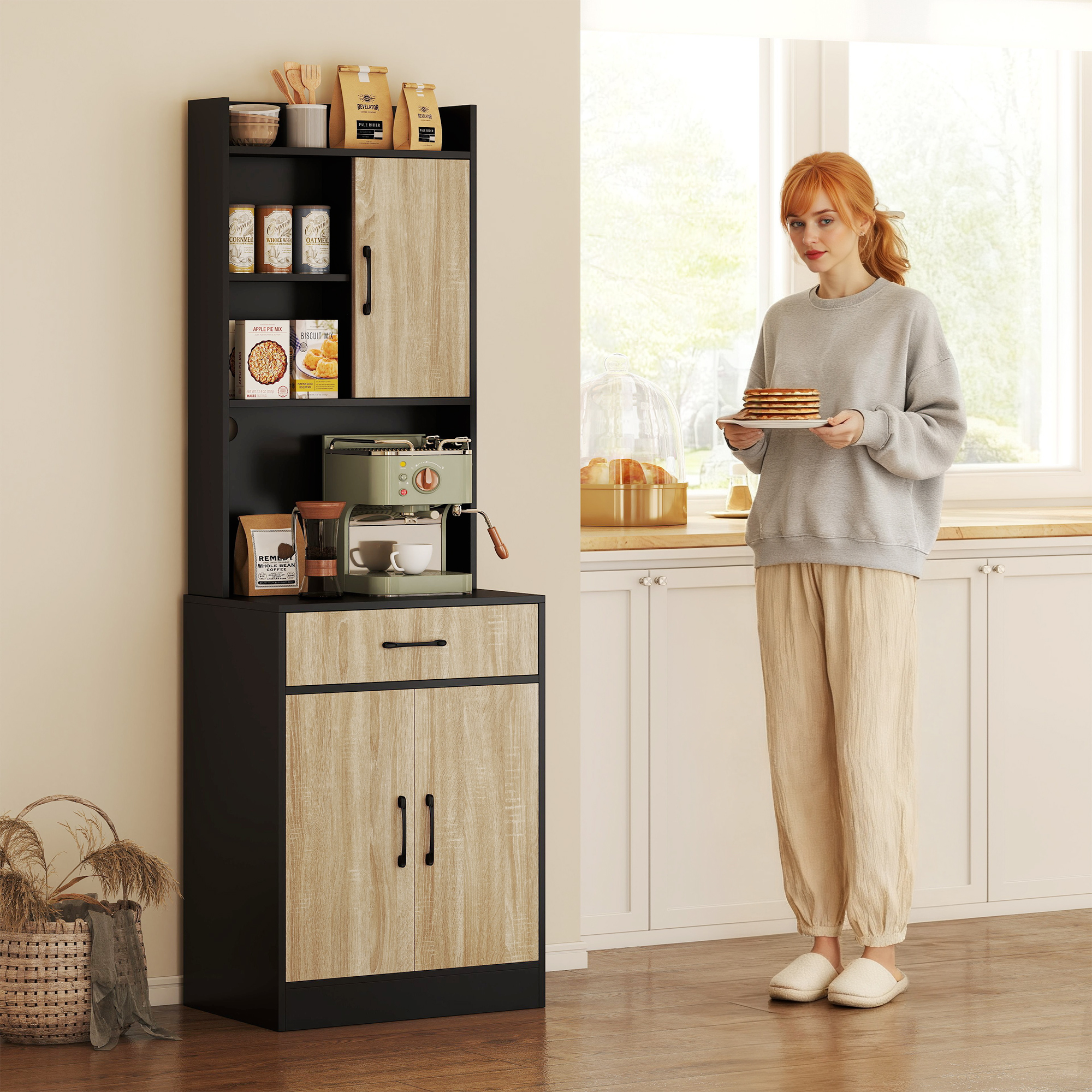 Küchenschrank mit Arbeitsfläche und Kabelloch, moderne Küchenkommode mit Schublade, 3 offene Regale, Naturholz, Schwarz