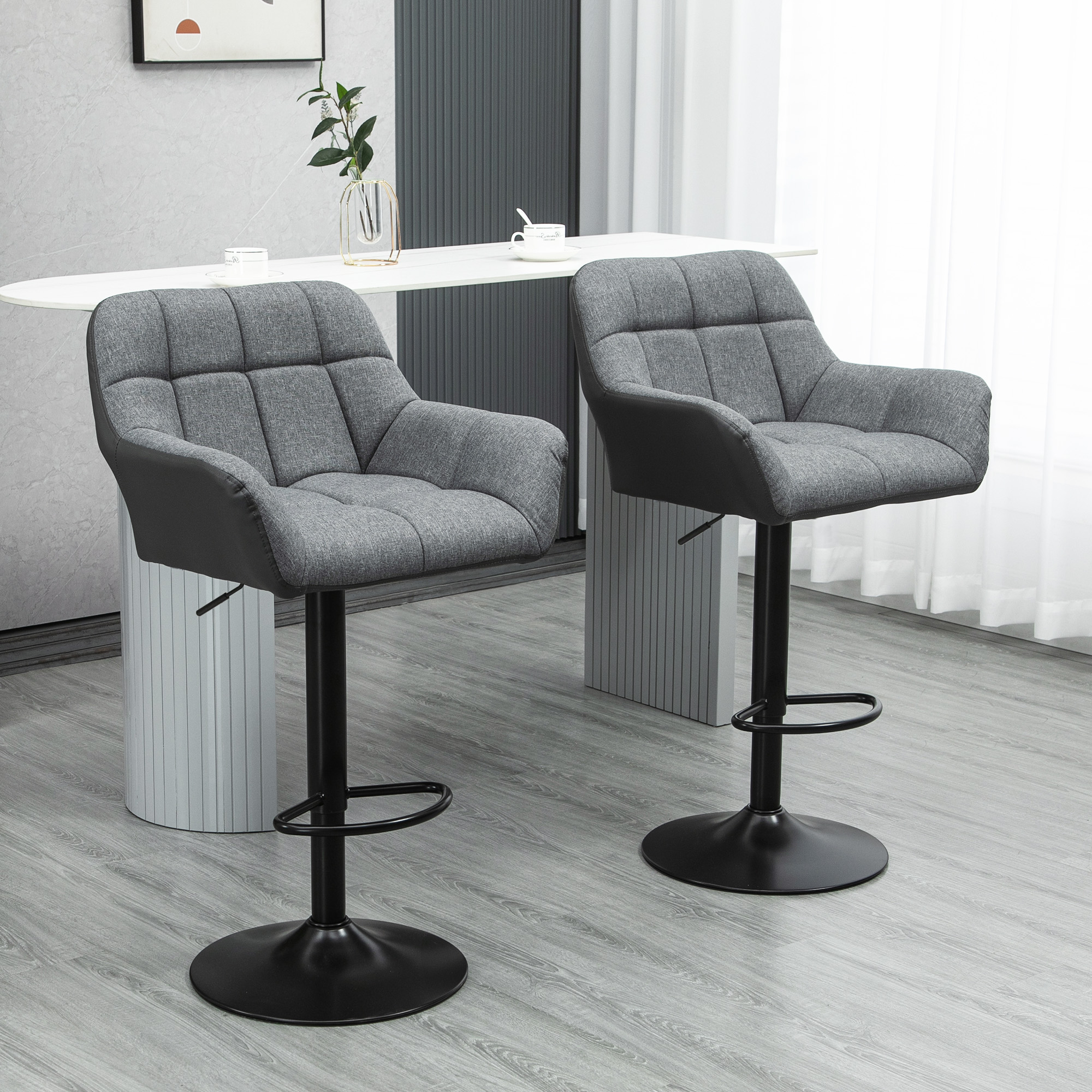 Barhocker 2er-Set Retro-Design höhenverstellbar Kunstleder Leinenoptik Grau + Schwarz