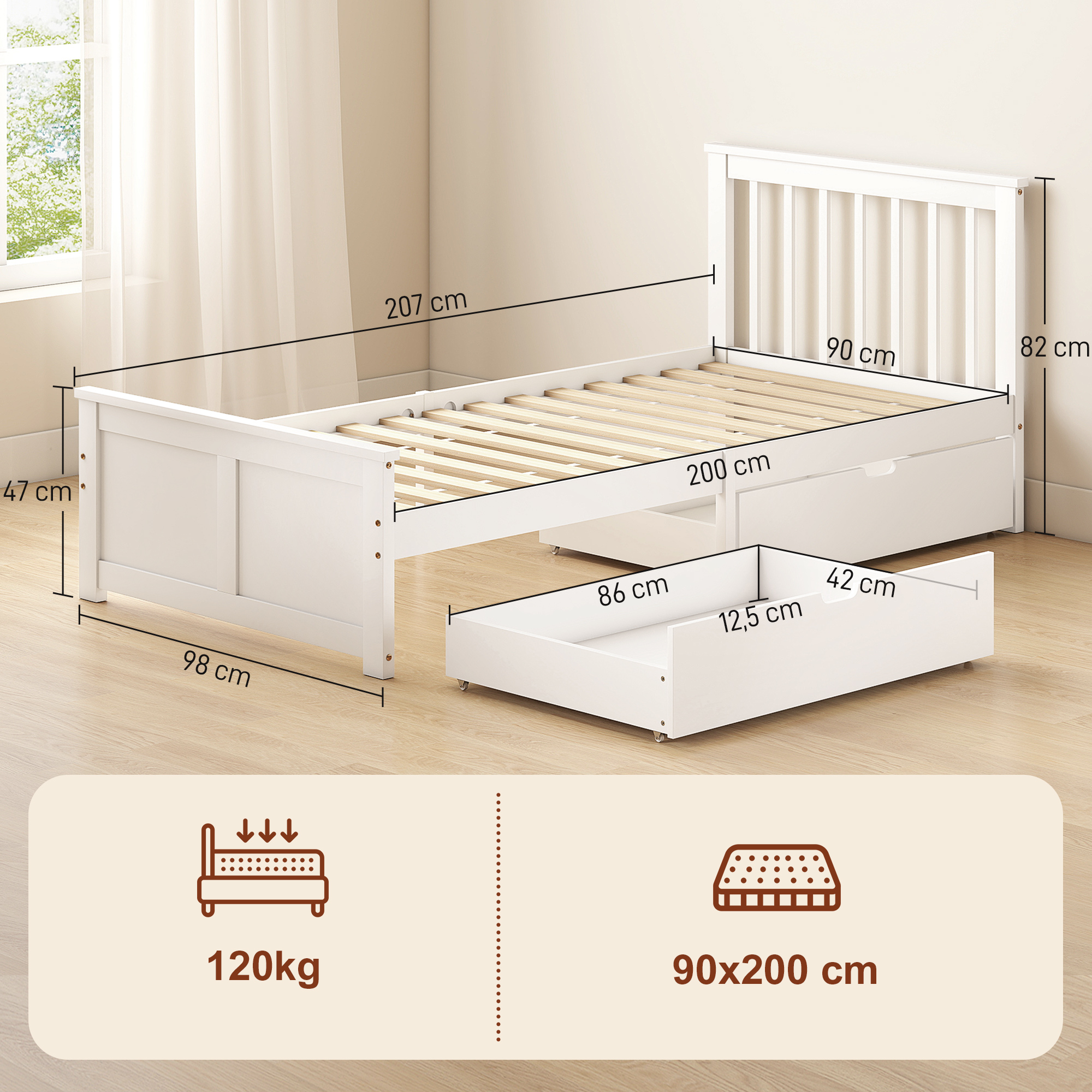 Einzelbettgestell, Bettrahmen aus Holz, Schubladen auf Rädern, kein Lattenrost notwendig, 90 x 200 cm, Weiß