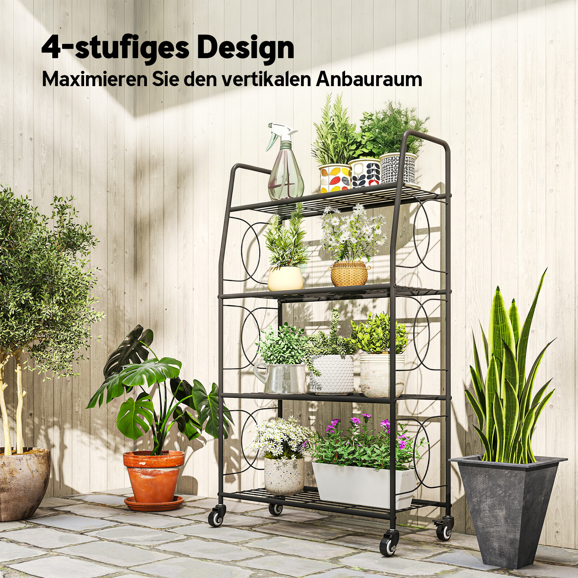 Pflanzenständer aus Metall mit 4 Ebenen, robustes Leiterregal für Blumentöpfe mit feststellbaren Rädern