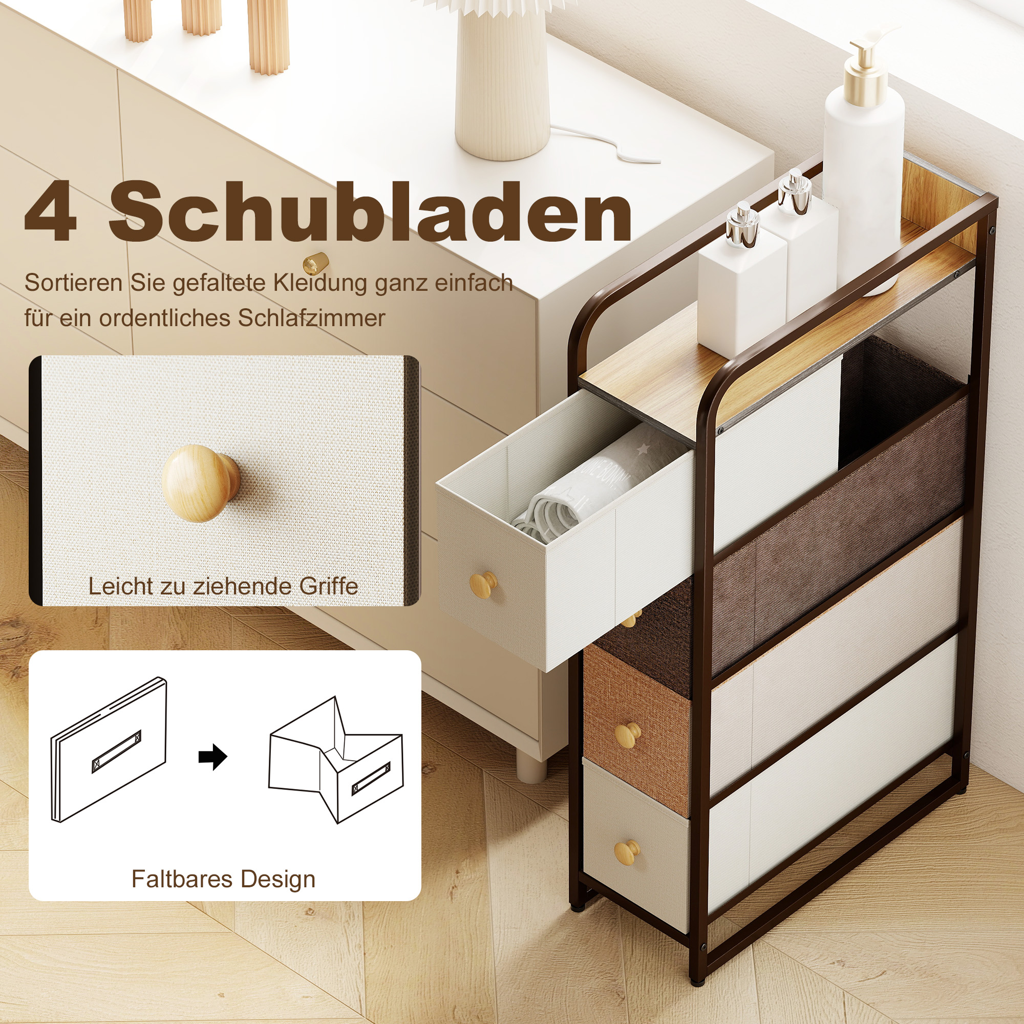 Kommode Schrank mit 4 Schubladen aus Vliesstoff Aufbewahrungsschrank mit Stahlrahmen, 20 x 47 x 84,5 cm, Mehrfarbig
