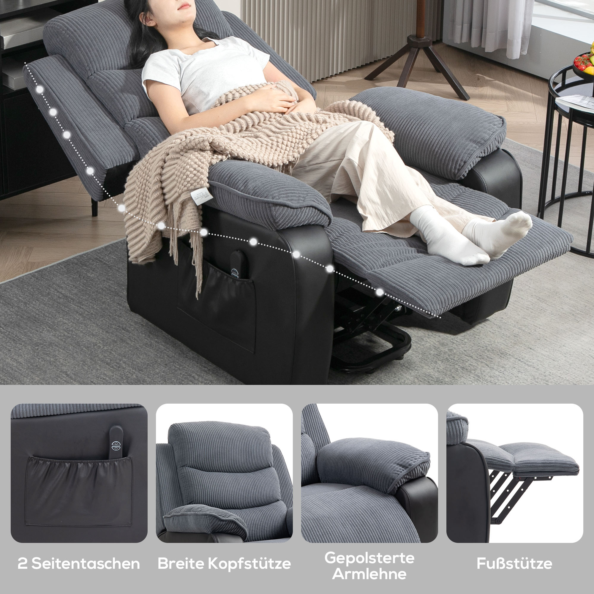 Aufstehsessel mit weichem Cordbezug, Recliner-Sessel mit Fernbedienung und Seitentaschen, Dunkelgrau
