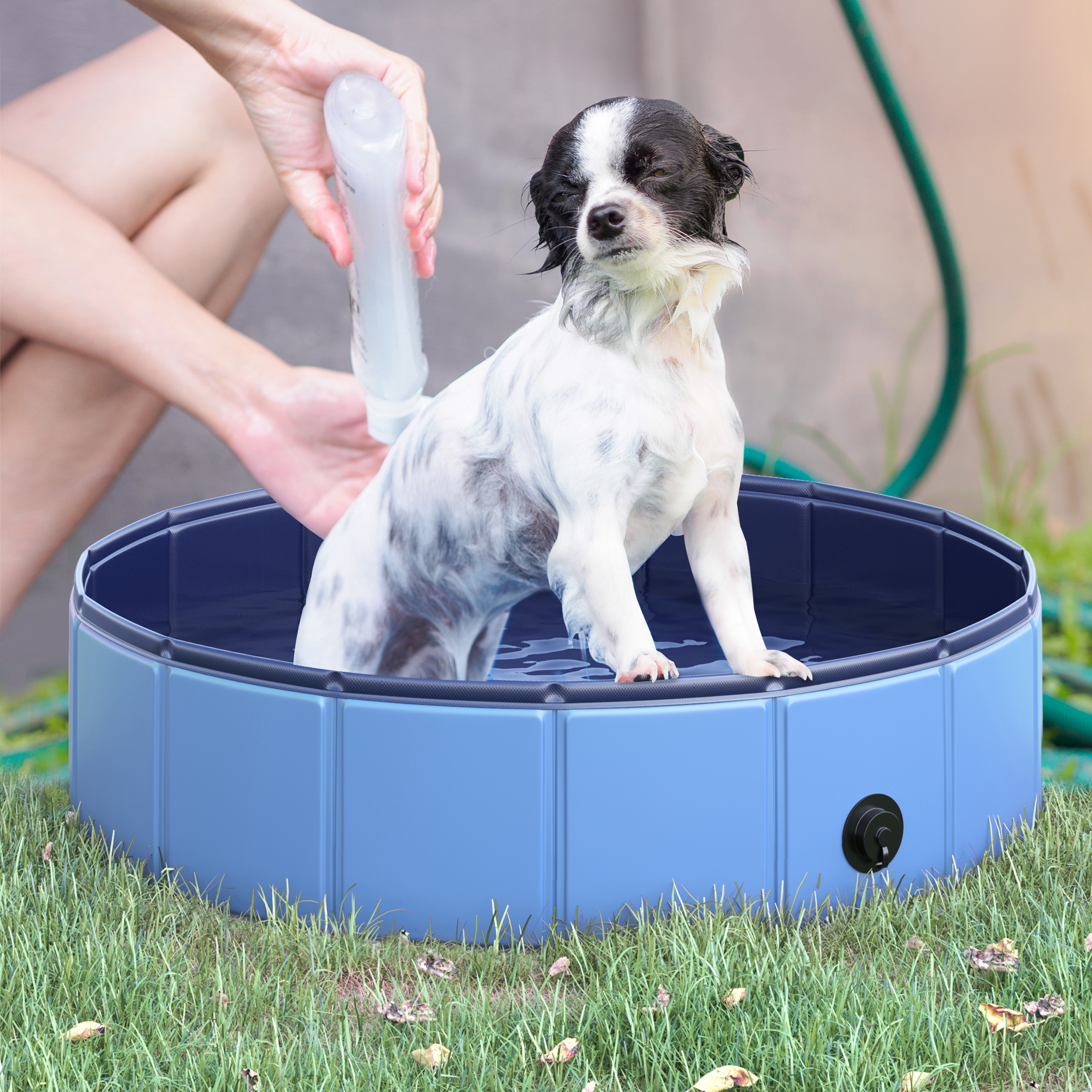 Hundebadewanne faltbar Badewanne Hundepool Plantschbecken Swimmingpool Wasserbecken für Hunde und Katzen Schwimmbecken Kunststoff+Holz Blau Ø80 x H20 cm