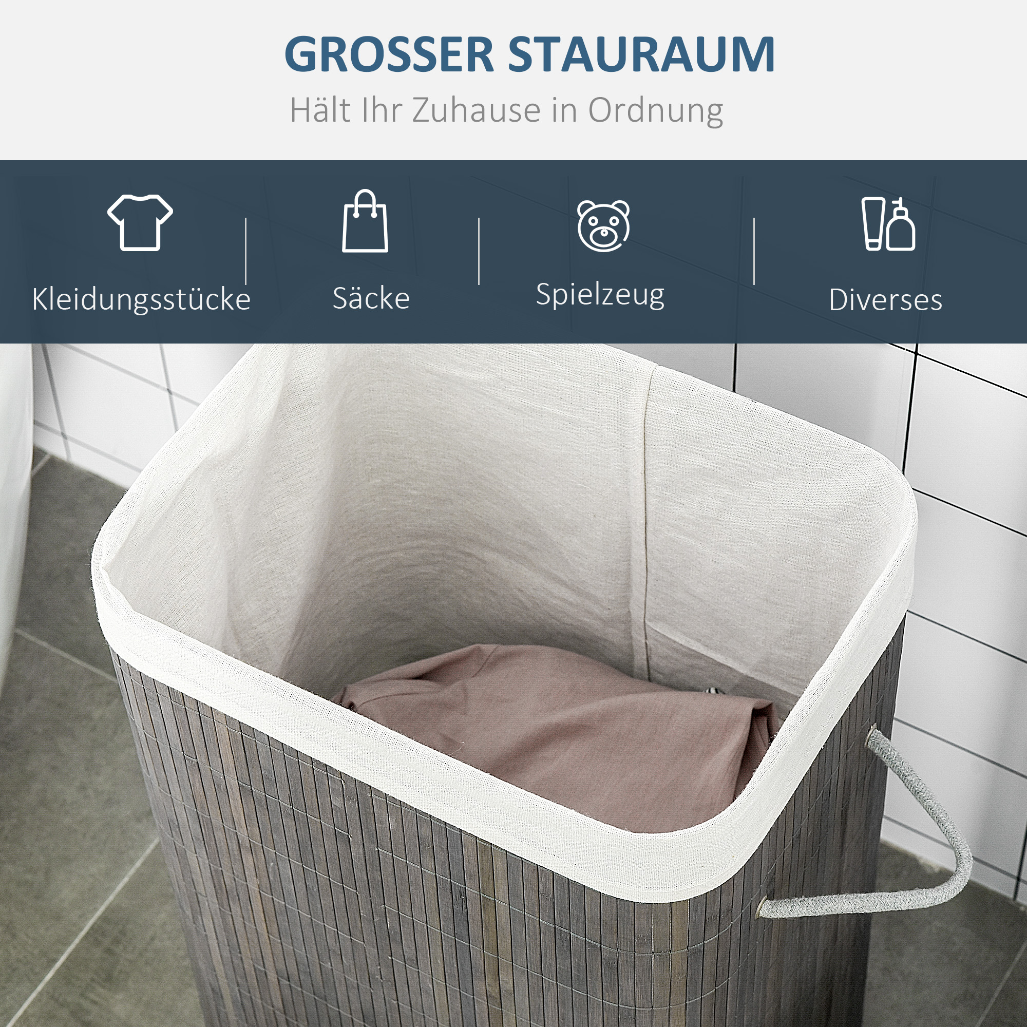 Wäschekorb mit Griffen und waschbarem Wäschesack, Rattan, Polyester, Baumwolle, Metall, 43L x 32B x 61H cm, Grau