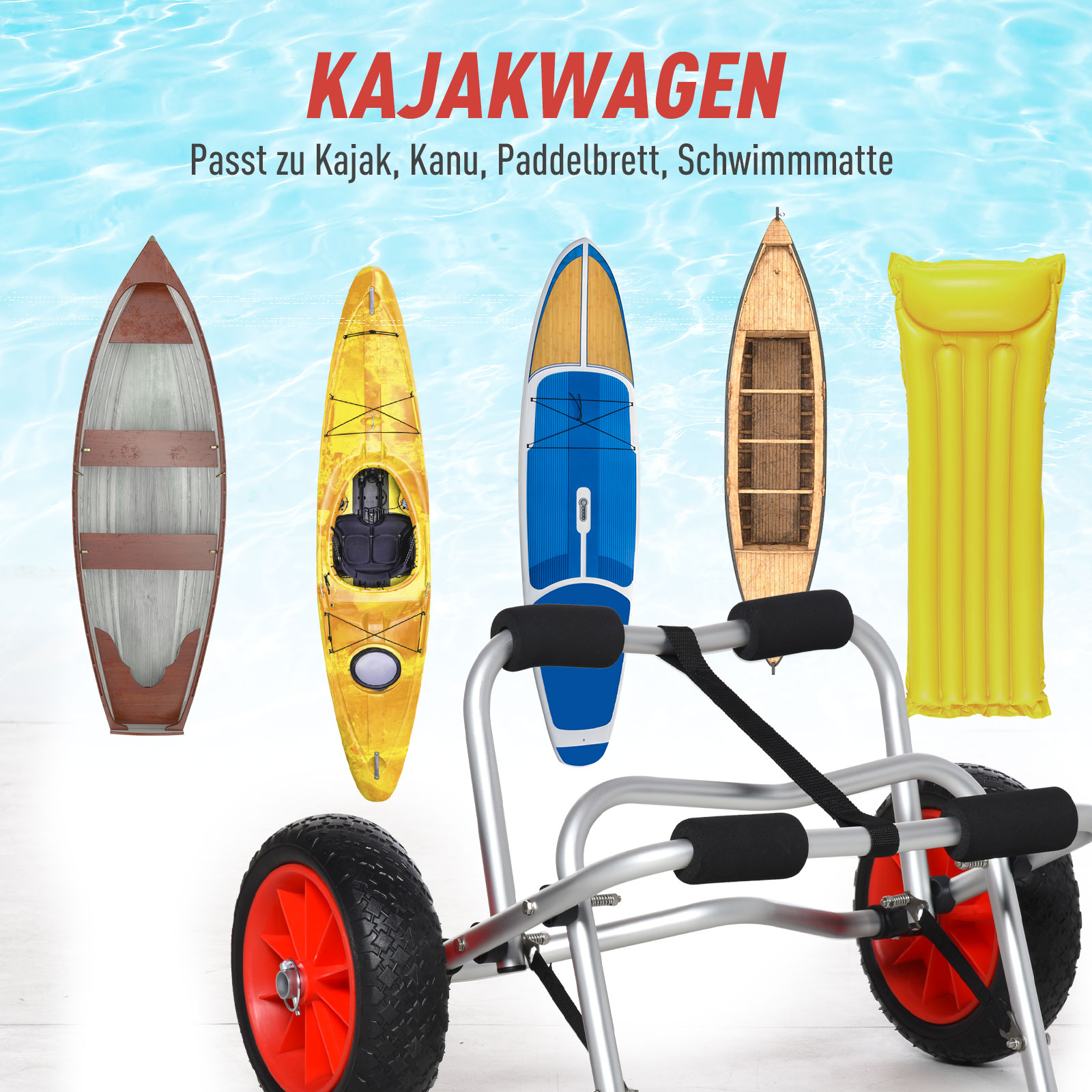 Alu Kanuwagen Kajakwagen Surfwagen klappbar mit Gurt Kunstleder-Räder Silber bis 75 kg 68 x 44,5 x 40 cm