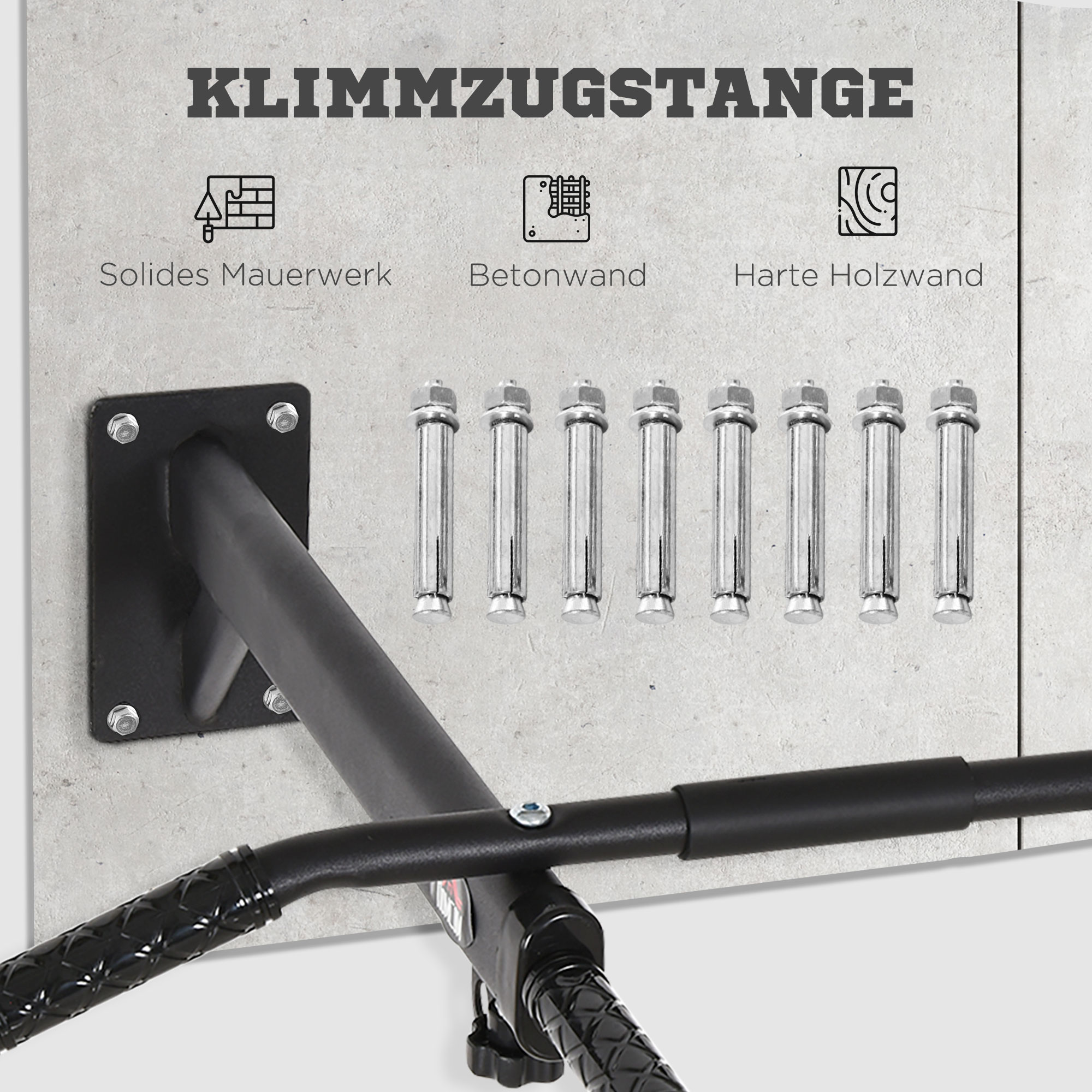 Klimmzugstange zur Wandmontage oder Deckenmontage bis 150 kg belastbar, Multifunktionale Pull Up Bar mit rutschfest Griffe, Ösen sicher stabil Klimmzug Stange für Fitness Zuhause, Stahl Schwarz