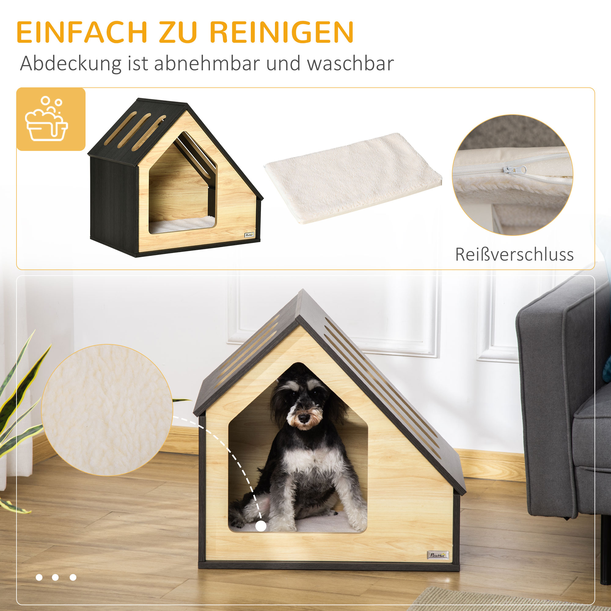 Hundehütte Indoor Hundehöhle mit Kissen Hundehaus Hundehöhle mit schrägem Dach Katzenhaus für kleine Hunde bis 8 kg 60 x 40 x 59,2 cm, Braun