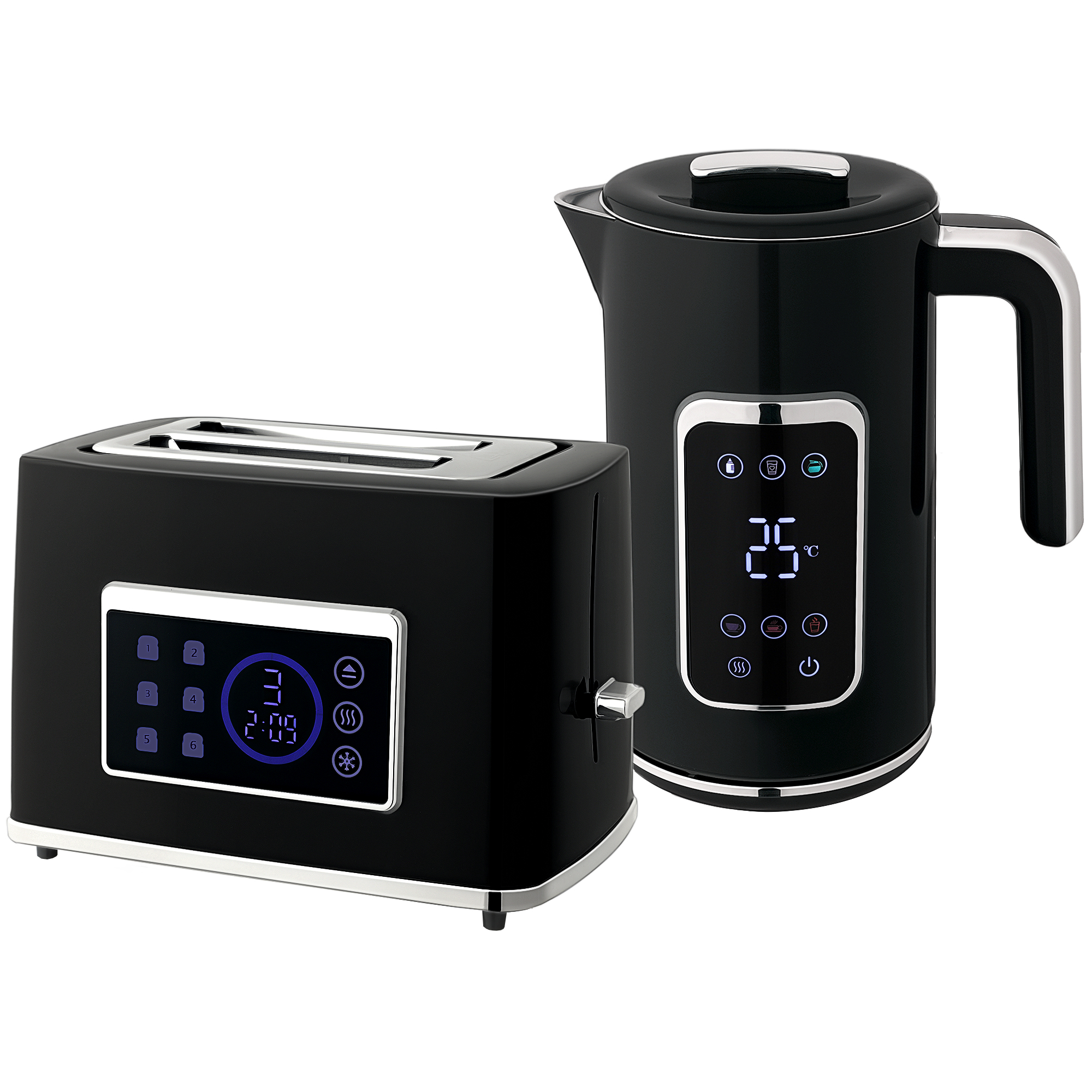 Wasserkocher und Toaster-Set mit LED-Touchscreen, 1,7 L, 2 Toasterschlitze, verschiedene Modi und Funktionen, Schwarz