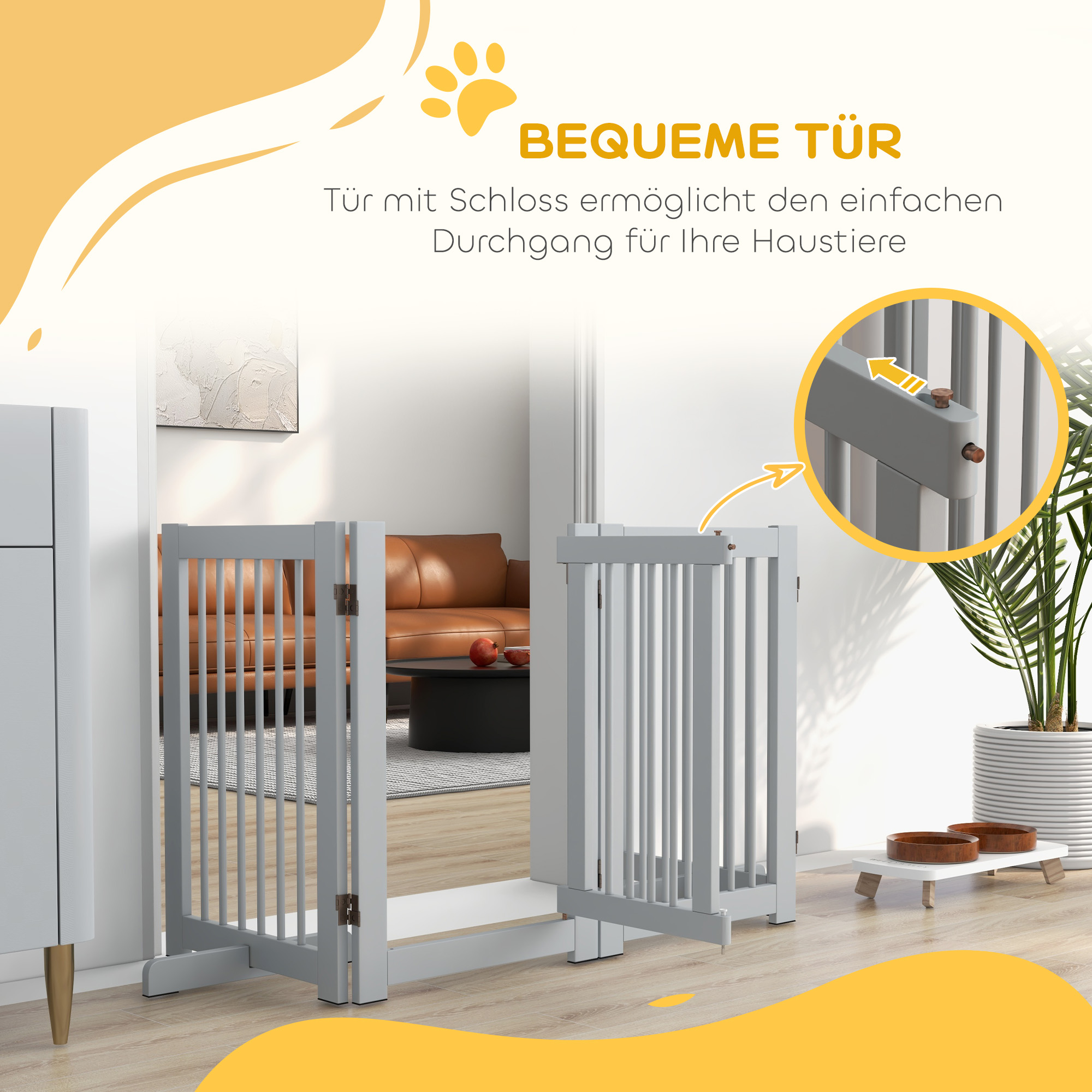 freistehendes Hundegitter, 4 Paneele, flexibel, Kiefernholz, 204L x 36B x 75H cm, Hellgrau