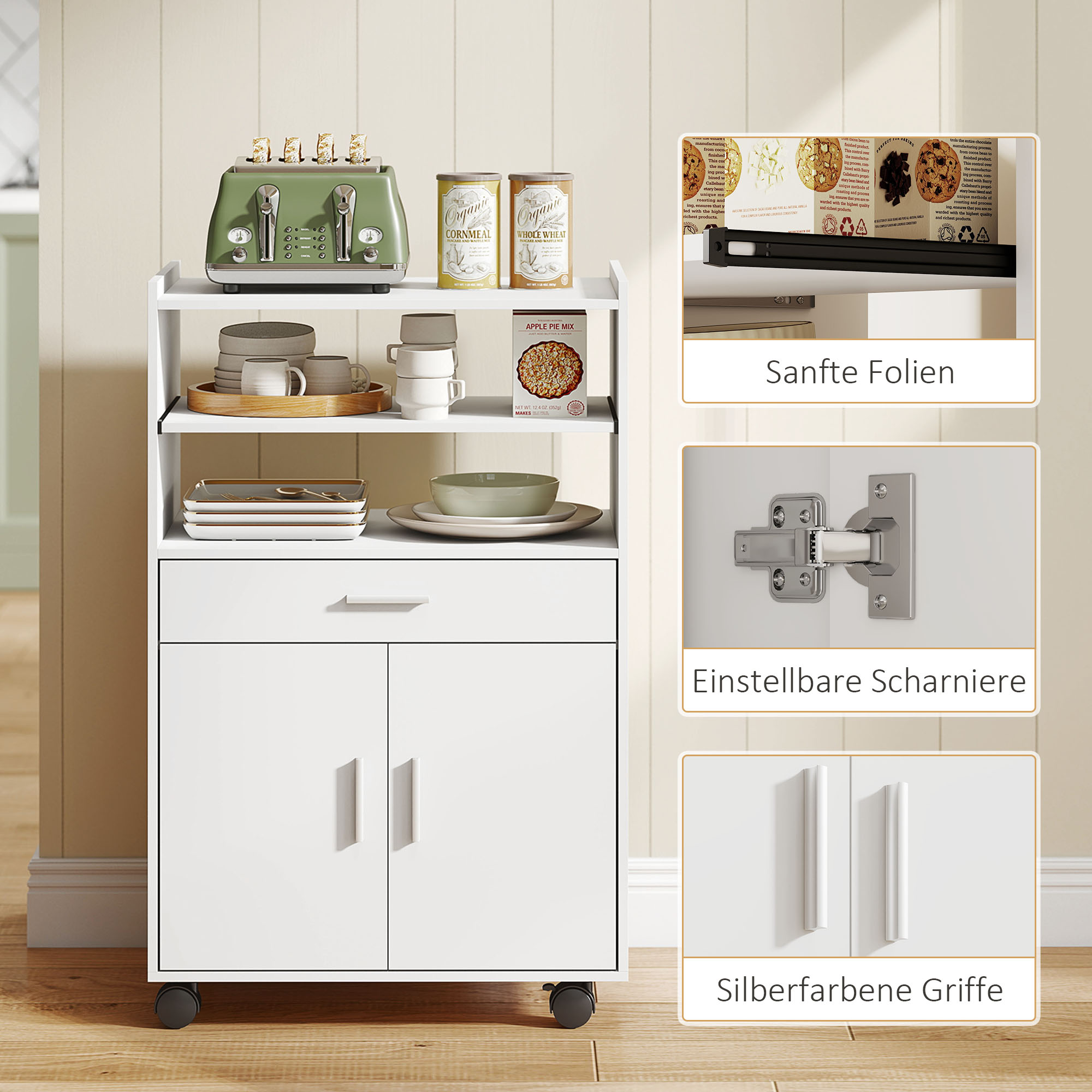 Mikrowellenschrank, Regal, Doppeltürschrank, Schublade, Rollen, Weiß