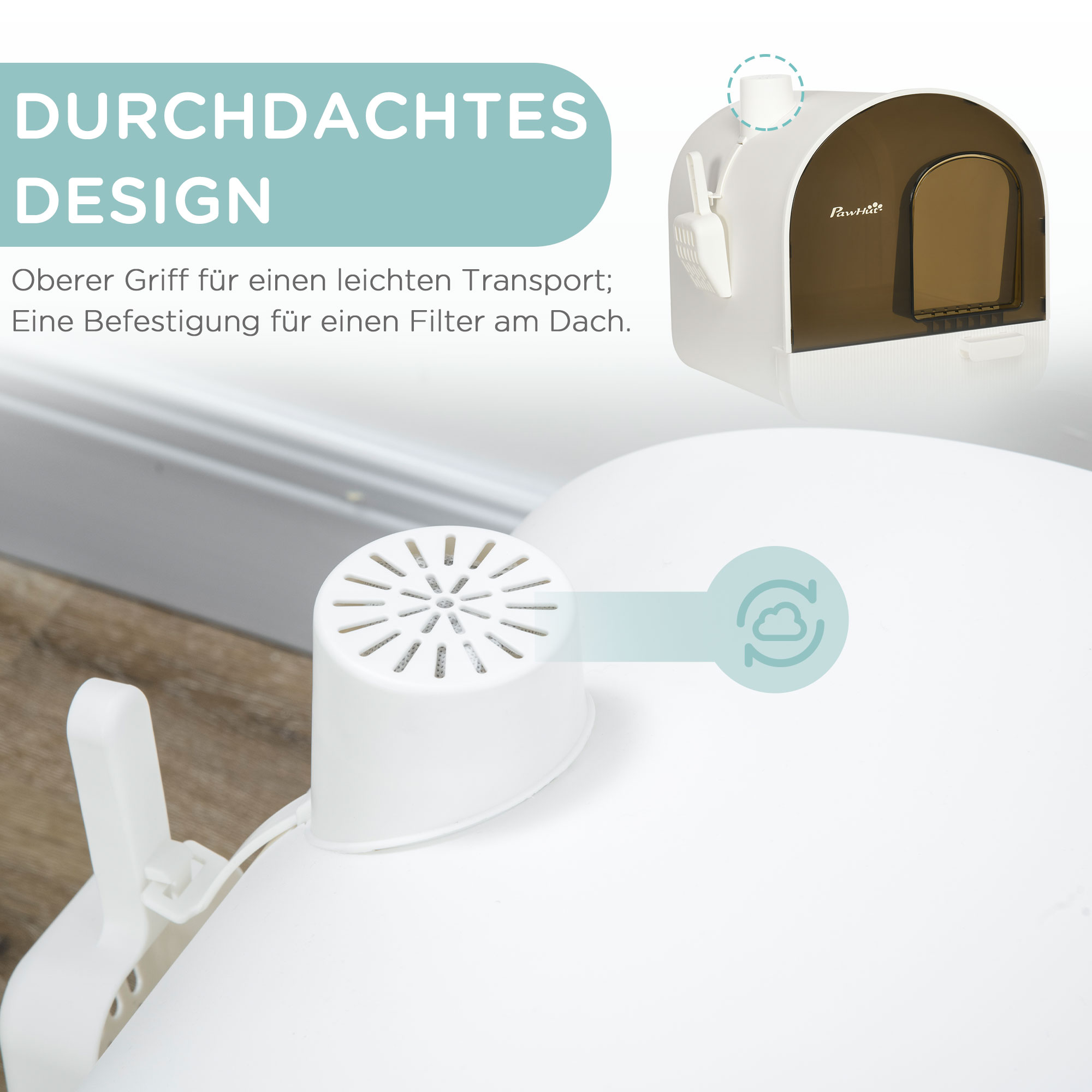 Katzentoillete mit Filter, 1 Ersatzfilter, 1 Bodenmatte, 43 cm x 44 cm x 47 cm, Schwarz + Weiß