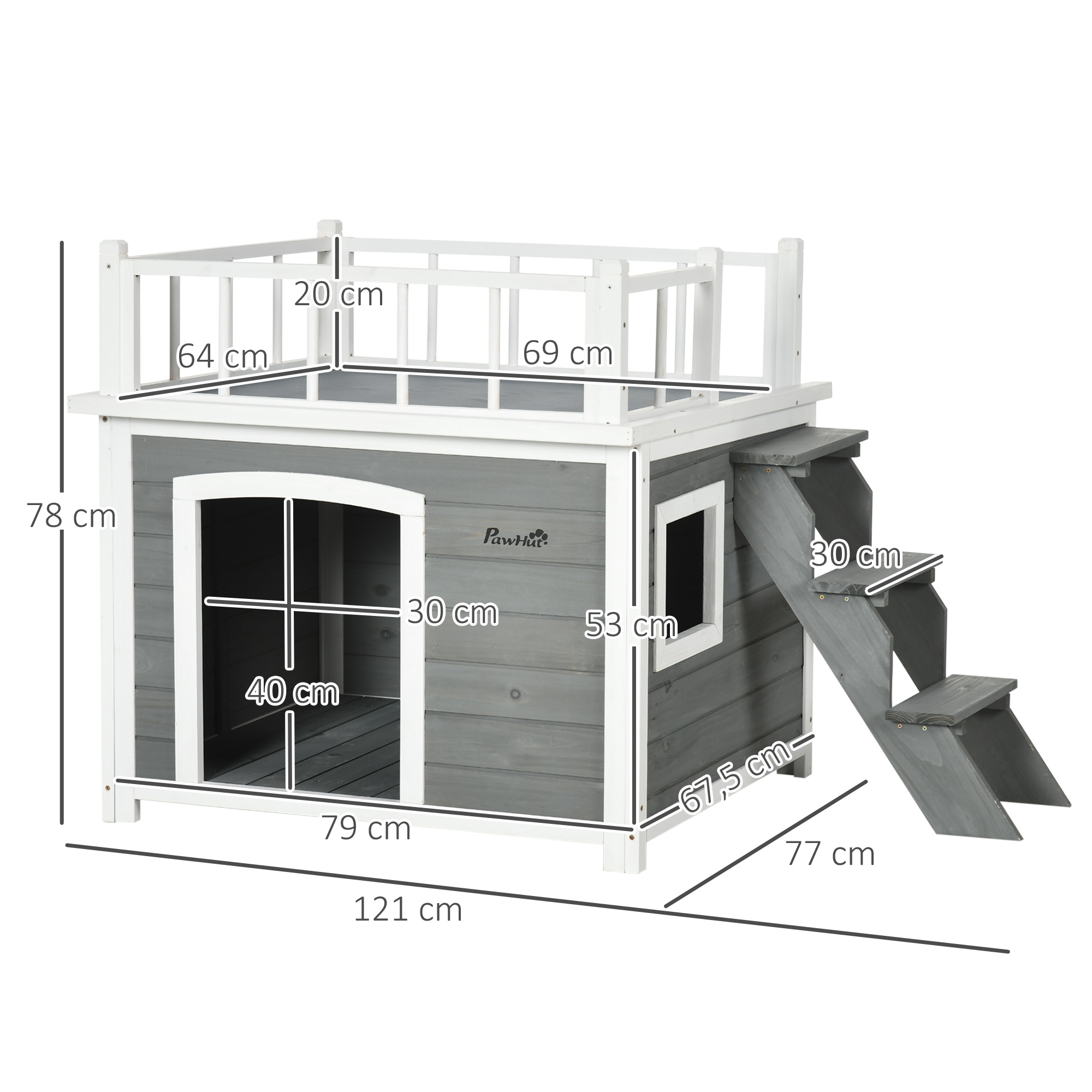 Hundehütte, Dachterrasse, Treppe, Fenster, Bodenabstand, Naturholz, hellgrau, 121 x 77 x 78cm