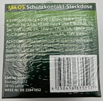 MILOS Schutzkontakt-Steckdose, matt weiß, 230V~/ 16A, Unterputz, USB-C / PD