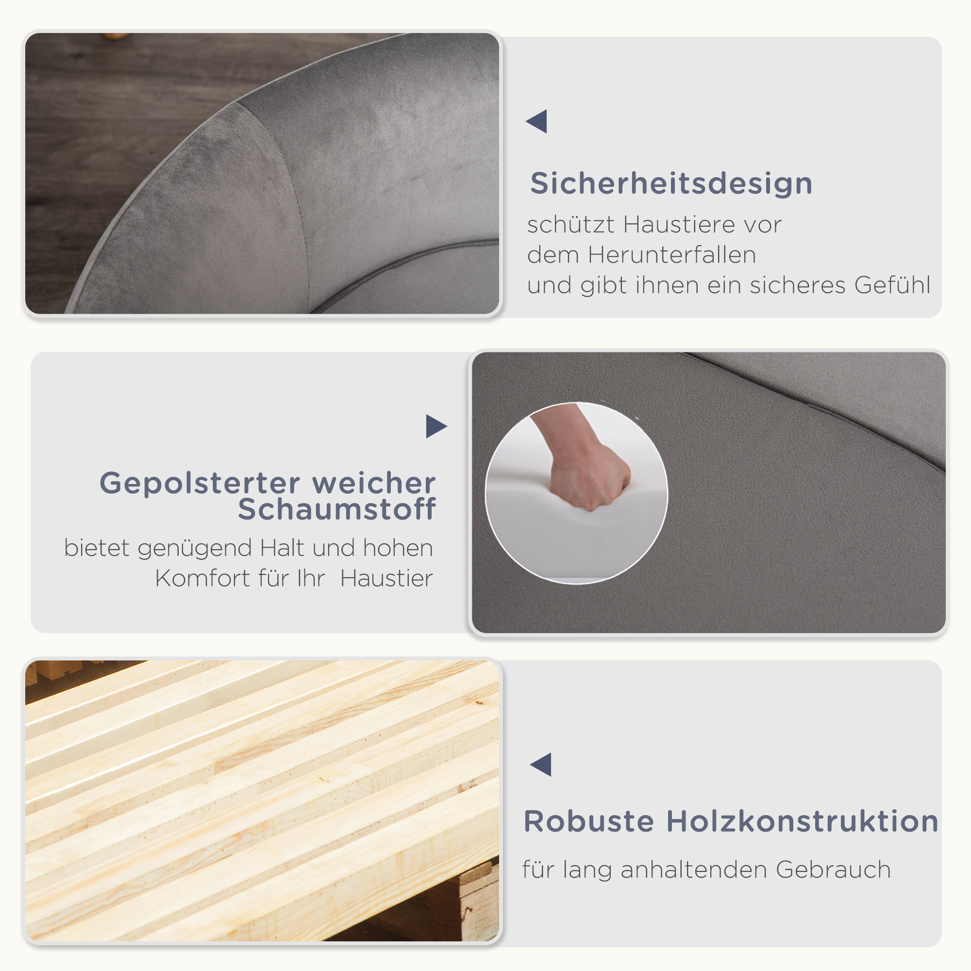 Haustiersofa Hundesofa Hundebett mit Holländischer Samt Schaumstoff Birke Bein für Katzen Hunde  86 x 55 x 33 cm Hellgrau