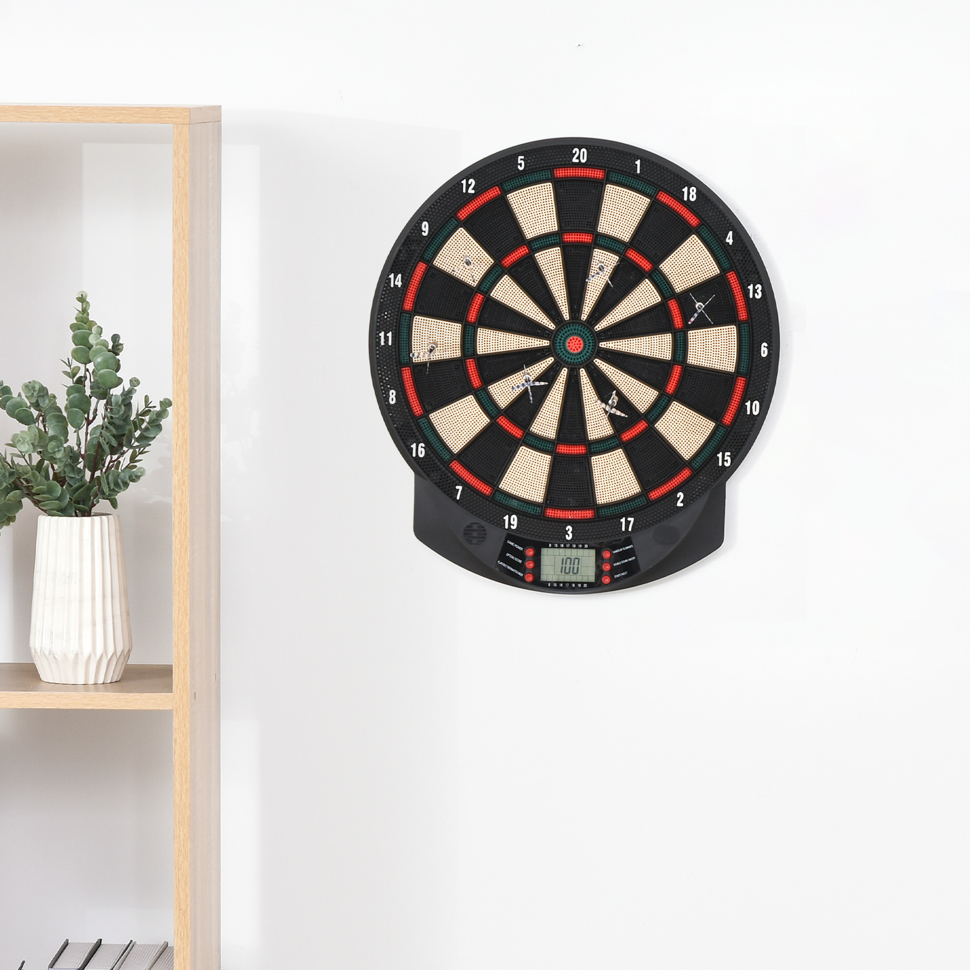 Elektronische Dartscheibe automatische Wertung Dartboard Dart-set mit 6 Darts 30 Dartköpfe 26 Spiele und 185 Trefferoptionen für 8 Spieler Soundeffekte Schwarz 44 x 39,5 x 2,2 cm