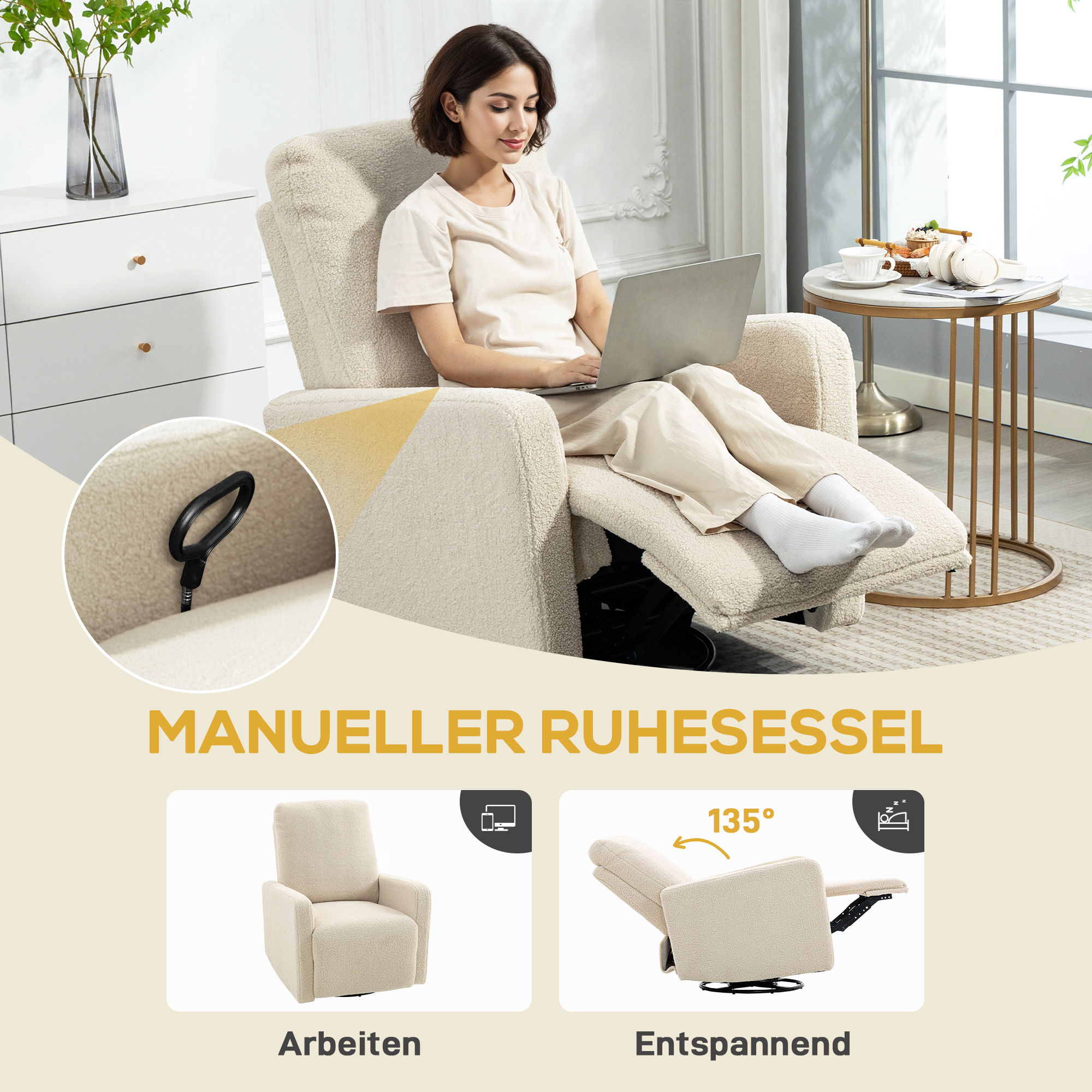 Recliner-Sessel, Entspannungssessel mit Fleece-Bezug, verstellbare Rückenlehne, Polstersessel, Stahl, Beige