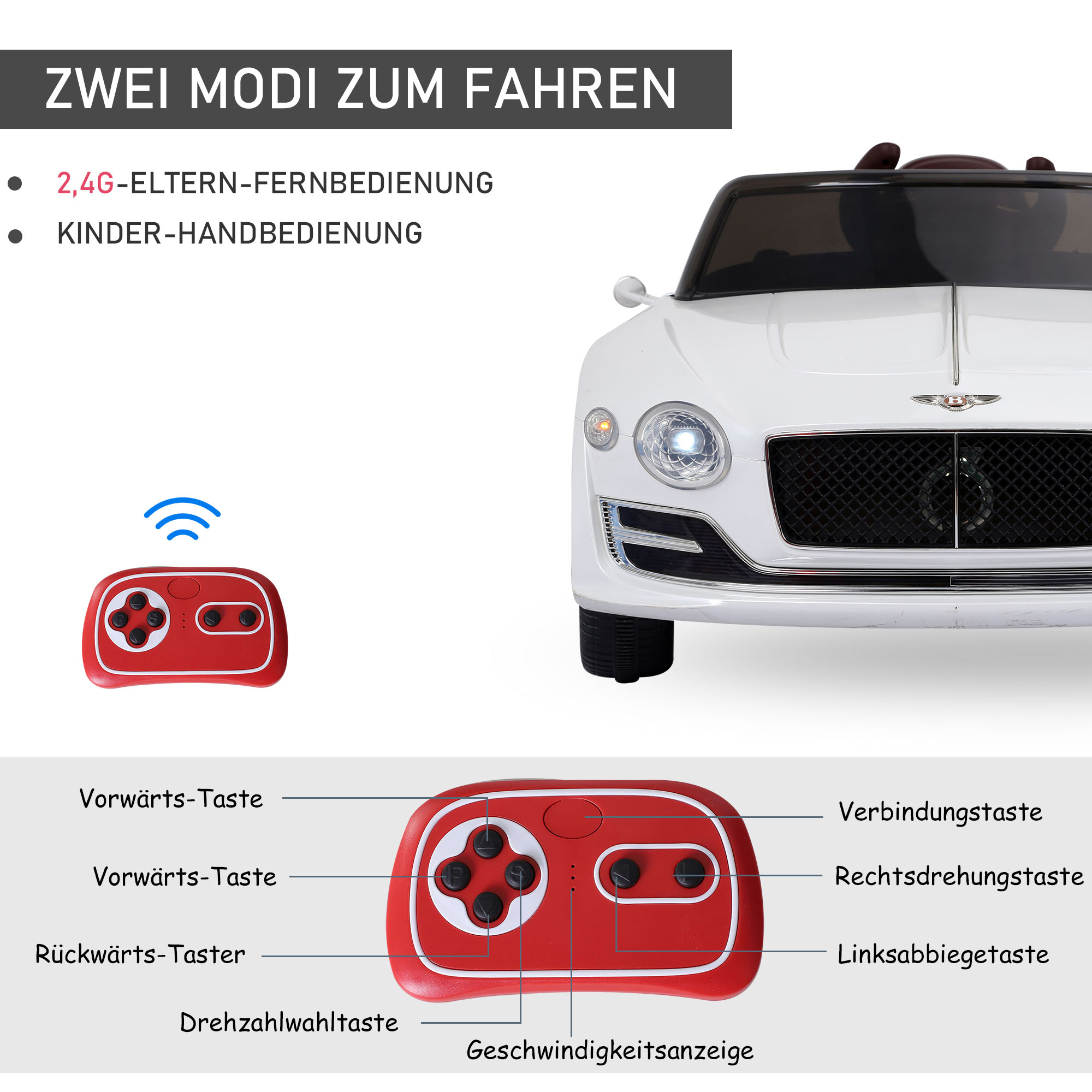 Kinderauto Bentley GT lizenzierte Kinderfahrzeug Elektroauto mit Fernbedienung 2 x 390 Motoren Kinder Weiß 108 x 60 x 43 cm
