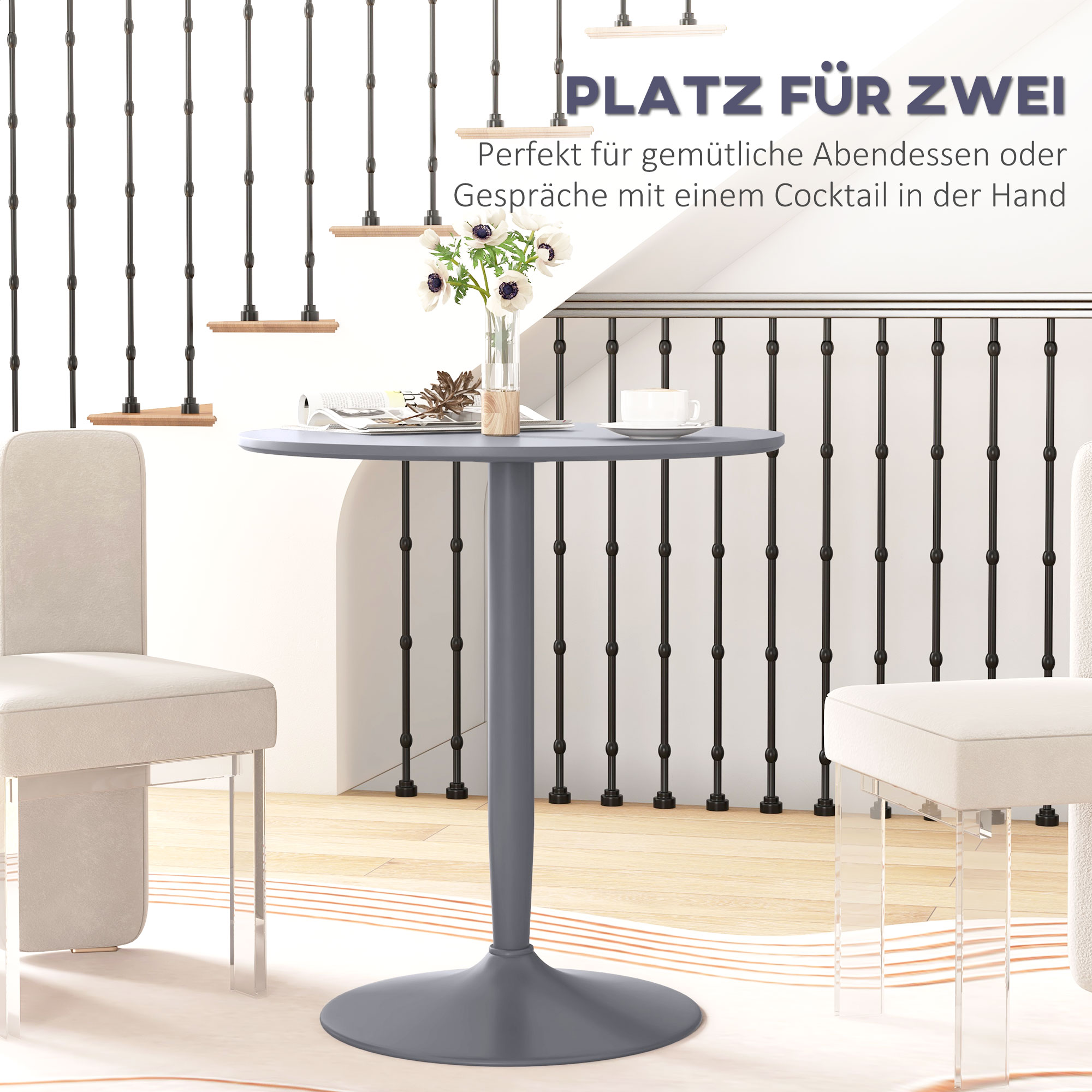 Esstisch für 2 Personen, runde Tischplatte, Stahlfuß, Grau, 70 x 70 x 75 cm