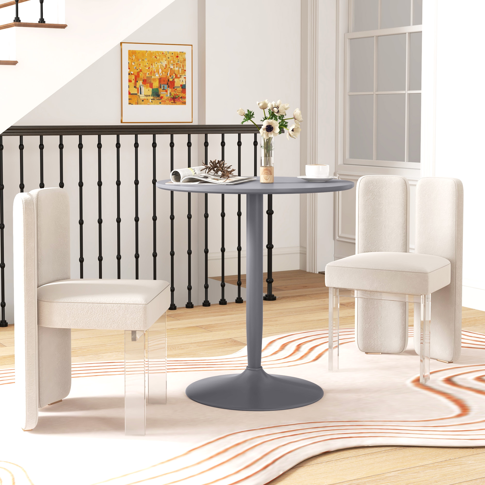 Esstisch für 2 Personen, runde Tischplatte, Stahlfuß, Grau, 70 x 70 x 75 cm