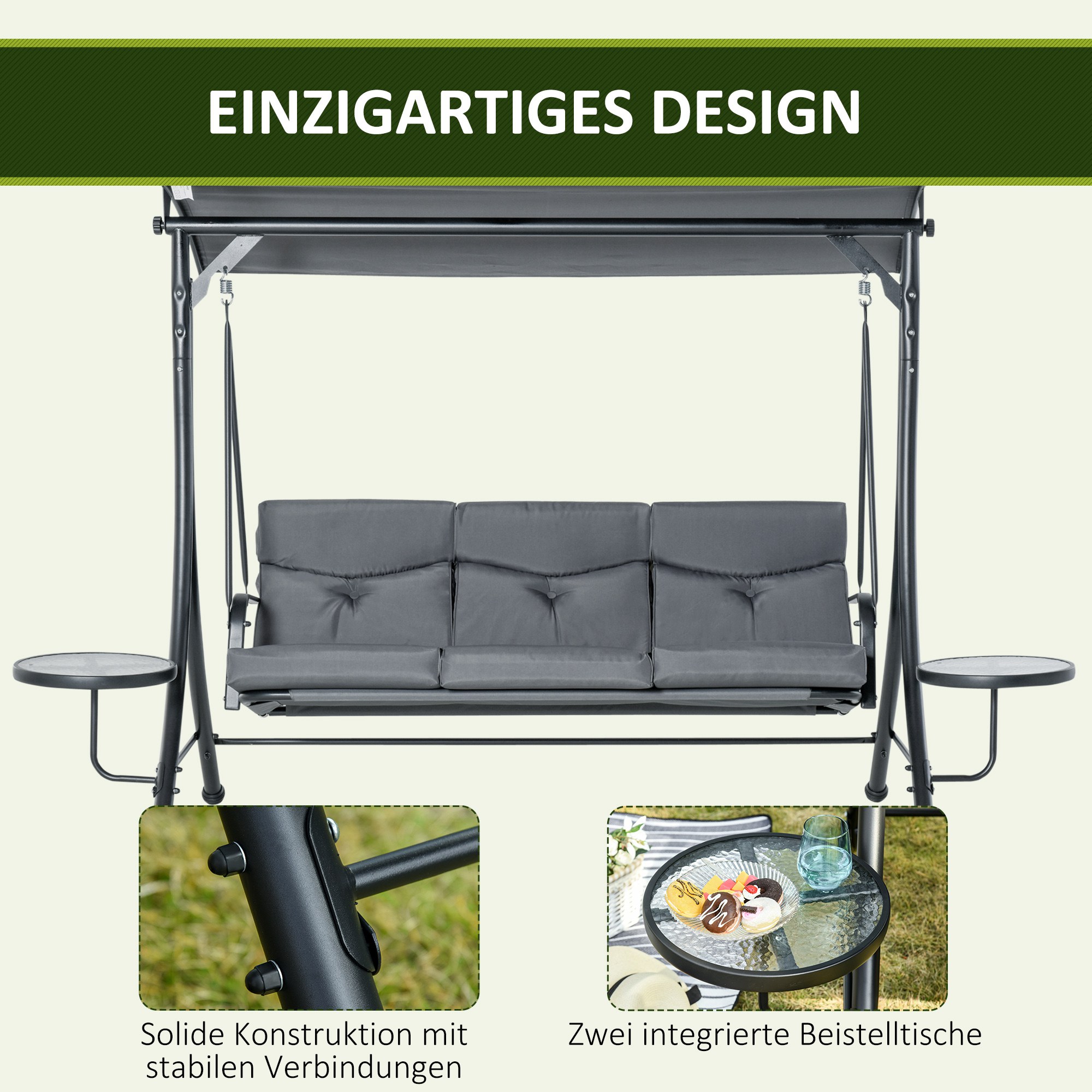Hollywoodschaukel 3-Sitzer Gartenschaukel Schaukelbank mit verstellbarem Sonnendach Teetisch Stahl Polyester Grau+Schwarz 271 x 125 x 177 cm