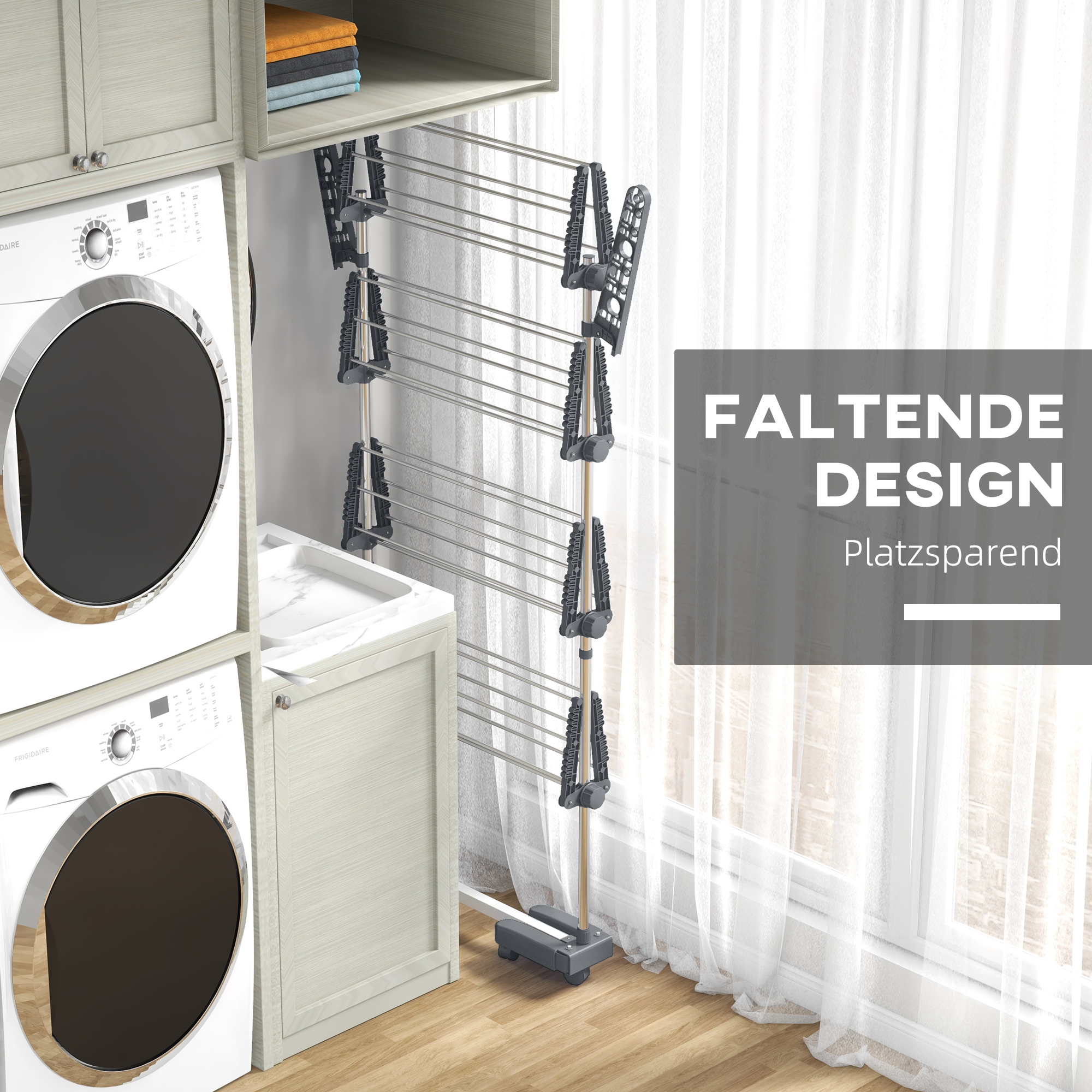 Wäschenständer Wäschetrockner 5 Ebenen, klappbar, One-Klick-System, 142 cm x 55 cm x1 72 cm, Grau + Silber