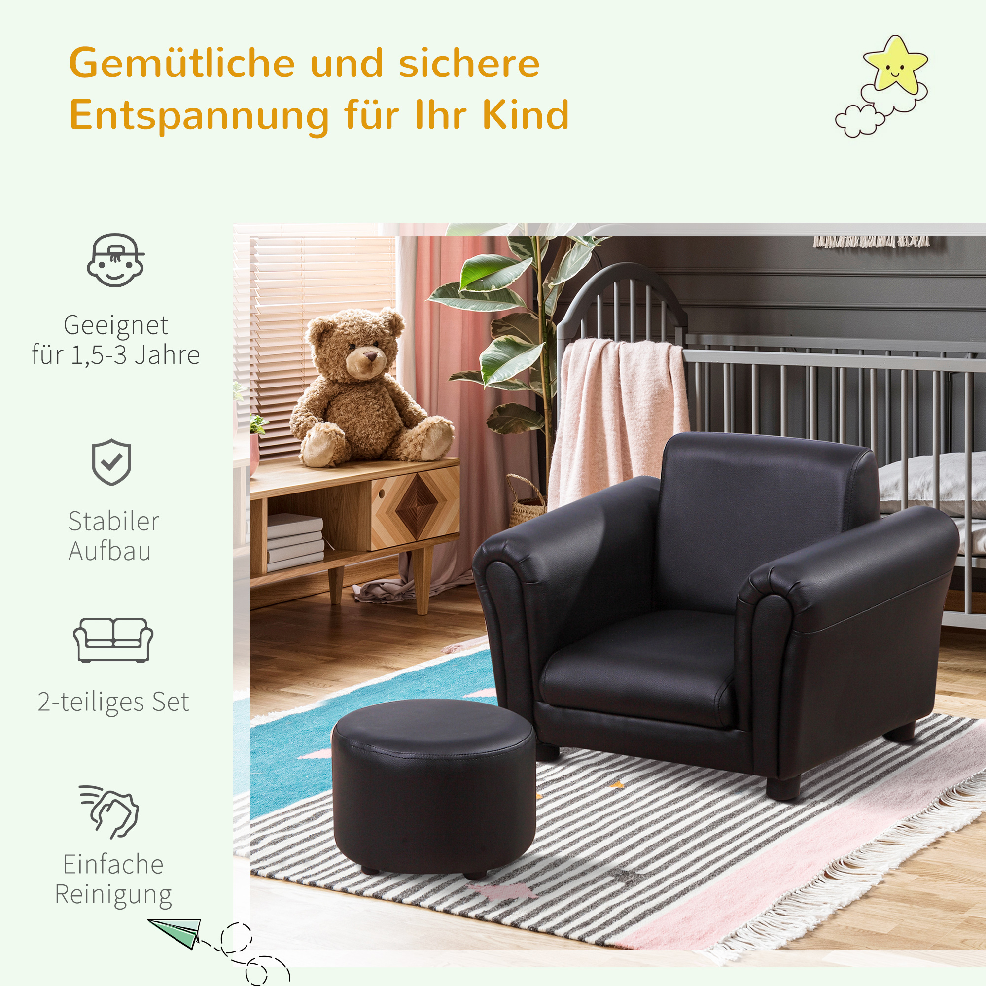 Kindersessel mit Fußhocker Kindercouch Kindersofa Minisofa für 1,5-3 Jahre Kinder Kindermöbel Holz Schwarz 54 x 42 x 41 cm