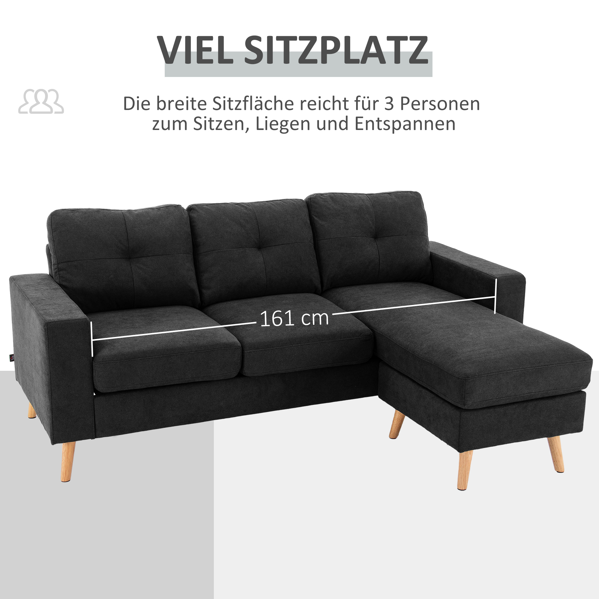 3-Sitzer-Sofa Sofa Couch Ecksofa, mit Chaiselongue, Knopfheftung, 193 x136 x 85 cm, Schwarz