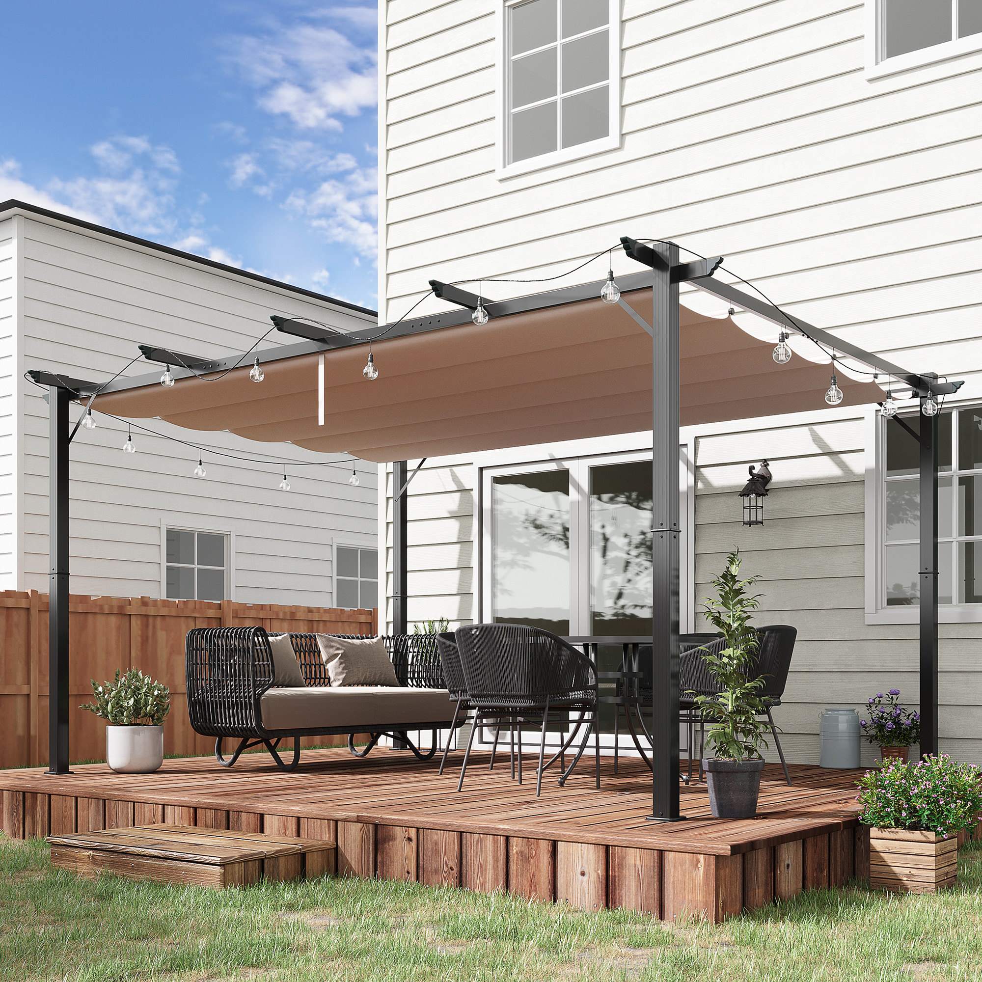 Pergola Pavillon mit einstellbarem Stoffdach 3 x 4 m Terrassen-Vordach Aluminium Sonnenschutz Überdachung Terrasse Garten Grau+Braun