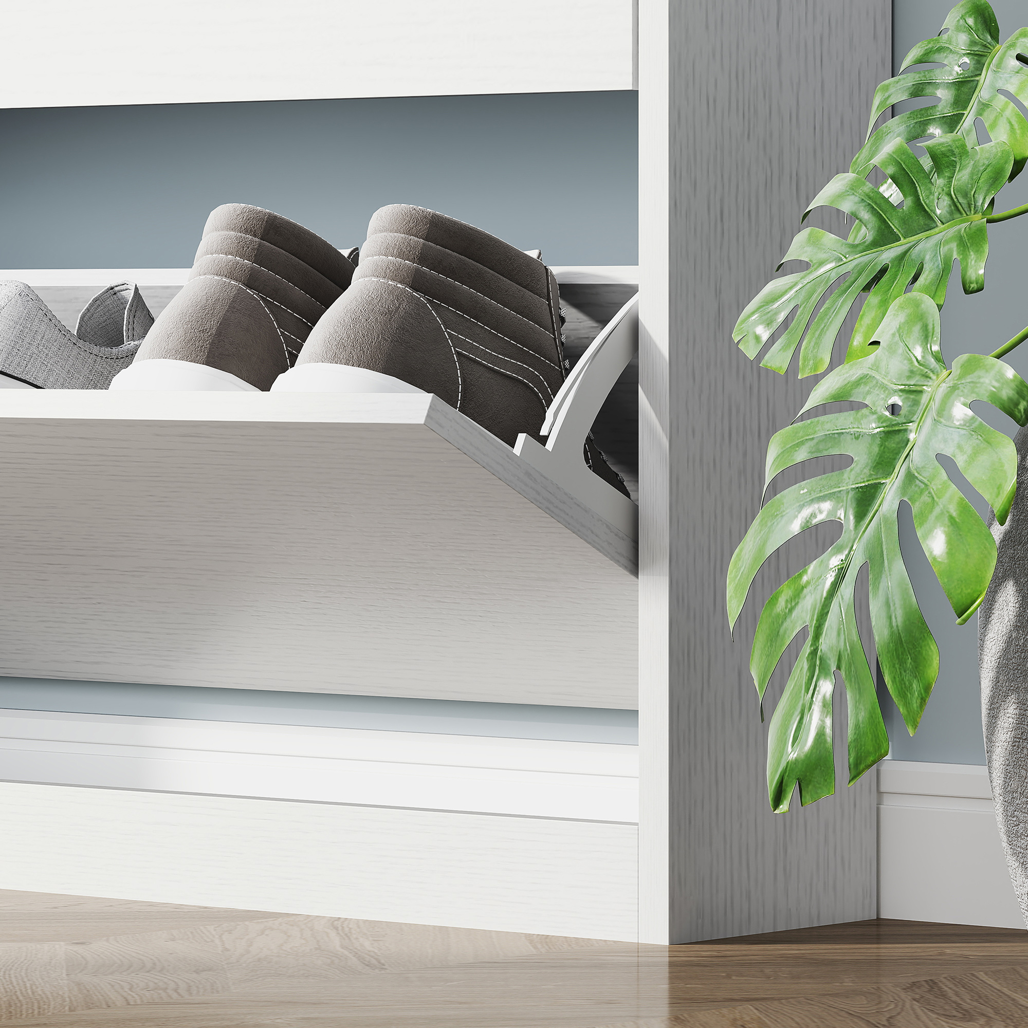 Schuhschrank mit 3 Klappschubladen, für bis zu 12 Paar Schuhe, Spanplatte, 80 x 17 x 108 cm, Weiß