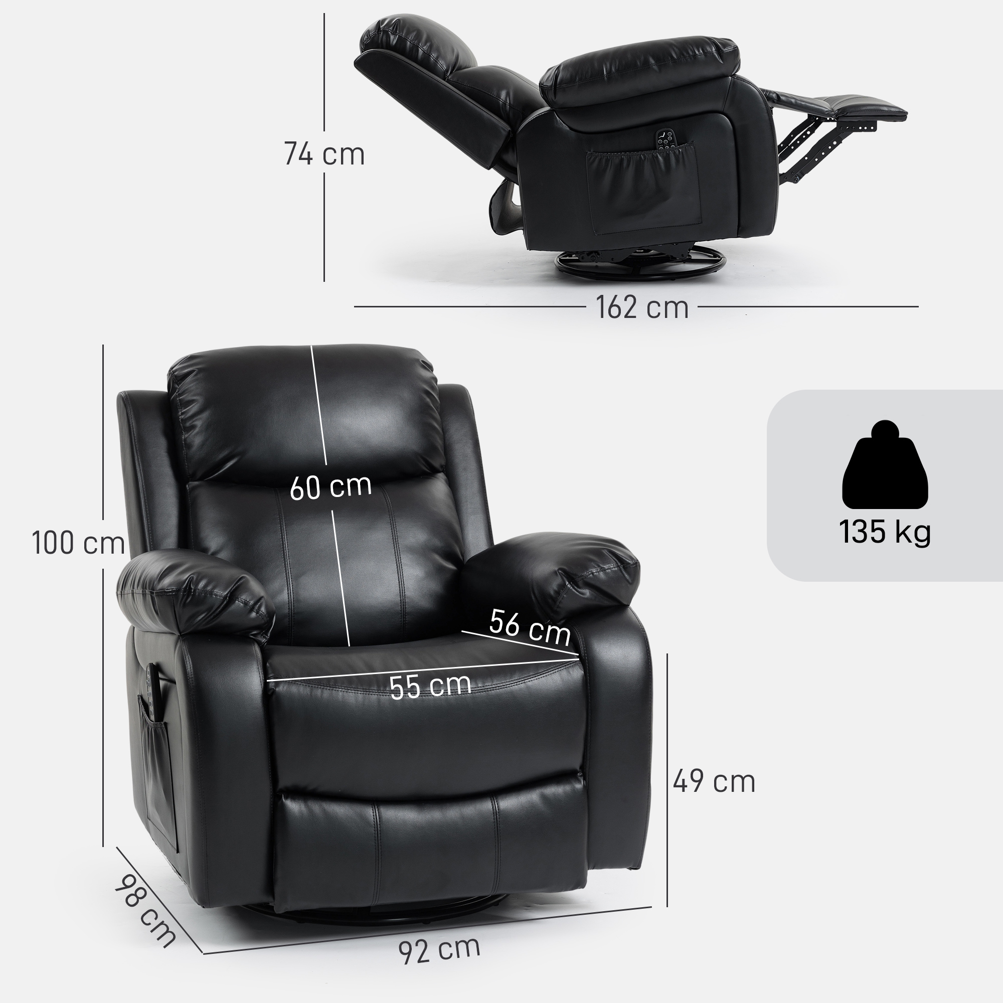 Massagesessel mit 8 Vibrationsköpfen, Relaxsessel, verstellbare Rückenlehne + Fußstütze, Schwarz