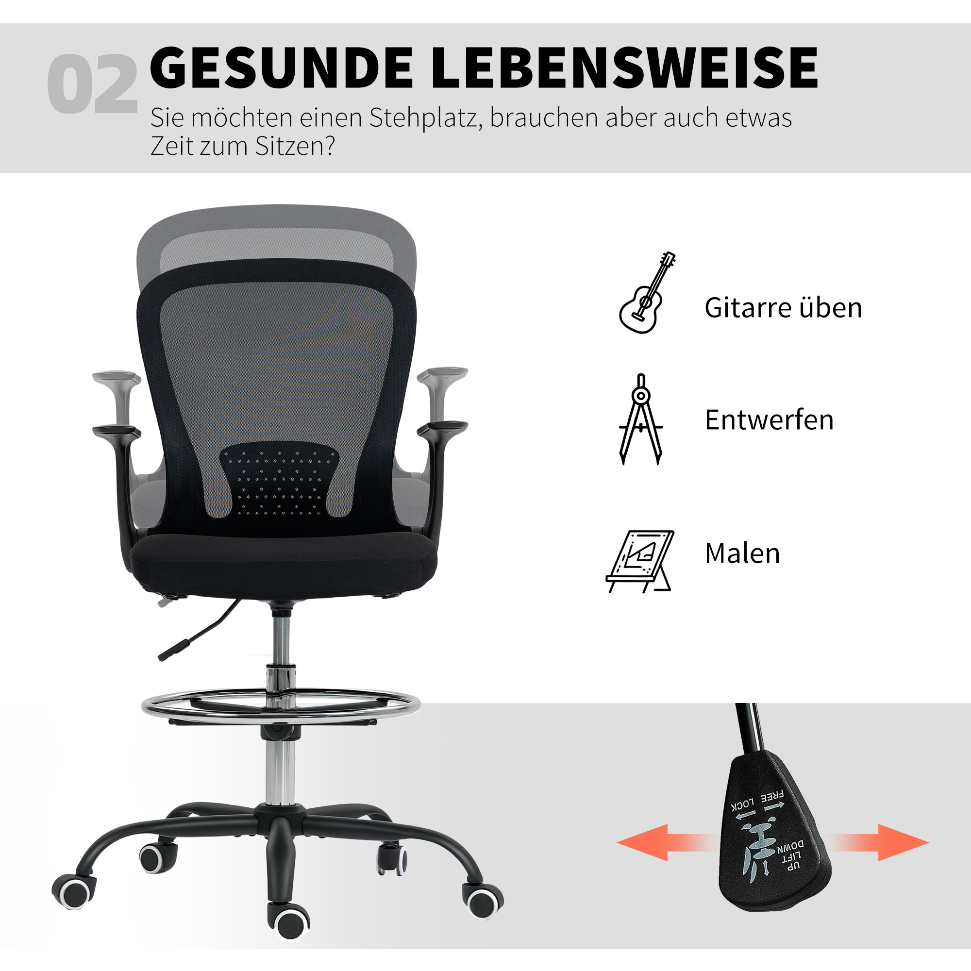 Bürostuhl höhenverstellbar Schreibtischstuhl mit verstellbarer Fußring, Lendenwirbelstütze, 62 x 59 x 119 cm, Schwarz
