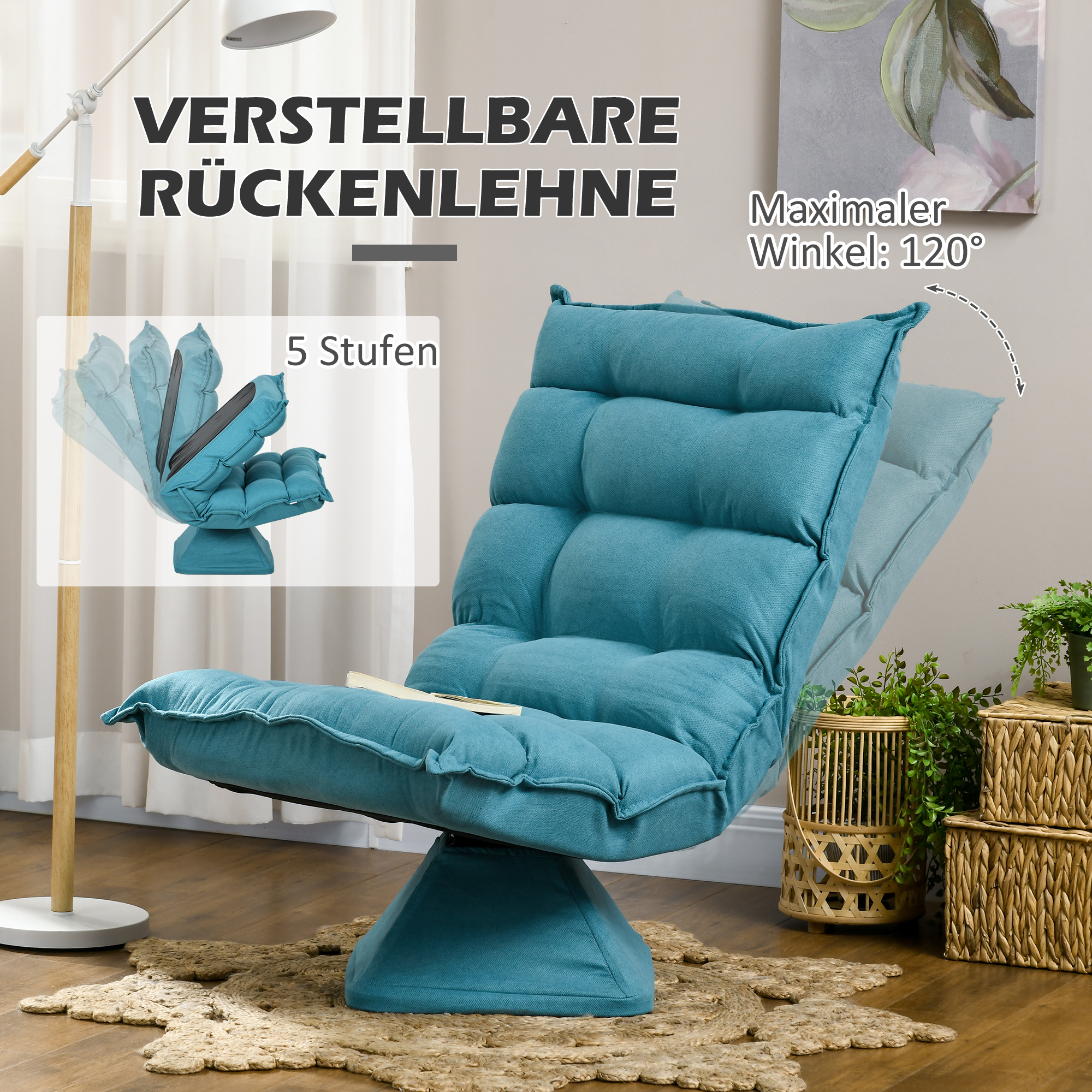 Relaxsessel Lesesessel, drehbar, Samtoptik, 62 cm x 70 cm x 95 cm, Blau