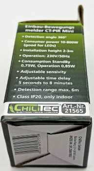 Einbau-Bewegungsmelder "CT-PIR Mini", 230V, 800W, Ø 15mm, LED geeignet, weiß