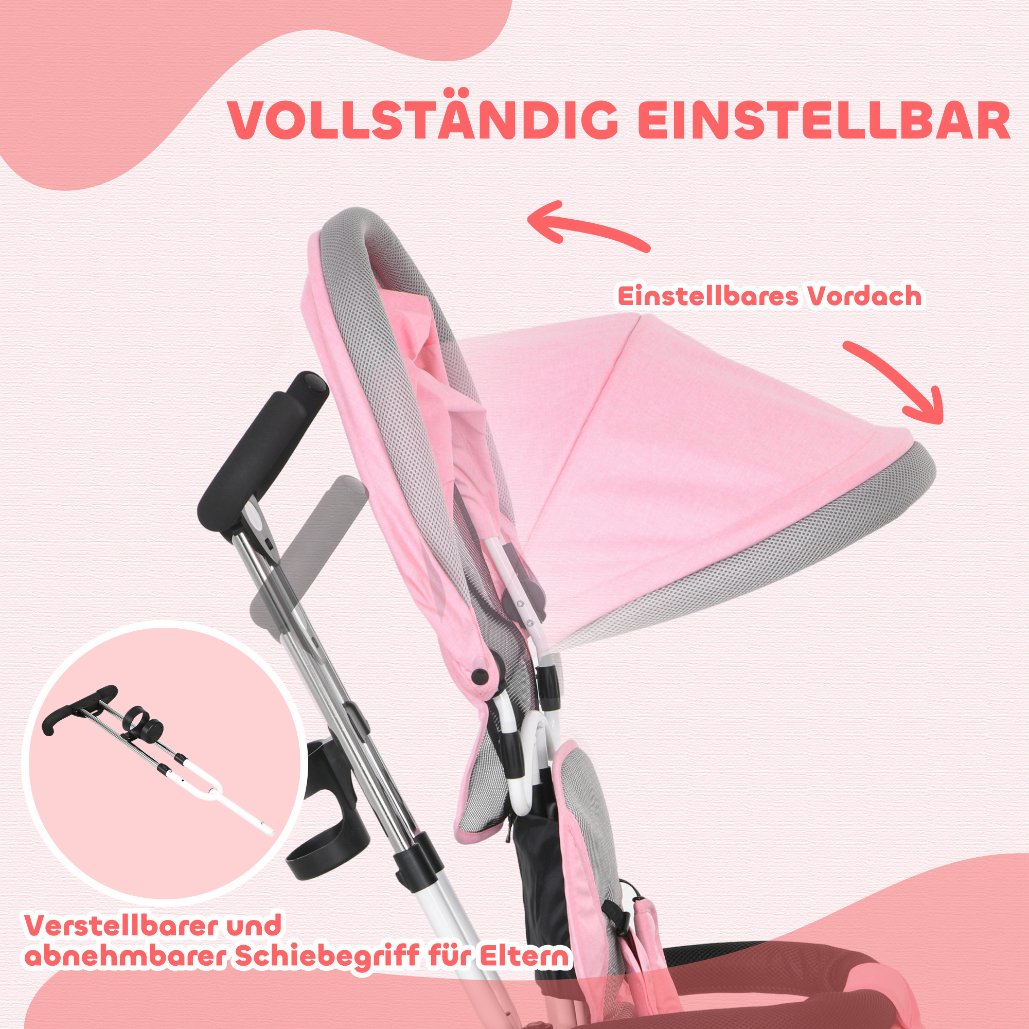 6-in-1 Kinderdreirad mit Schiebestange, Dach, Gurt, Ablagekorb, für 1-5 Jahre, Rosa