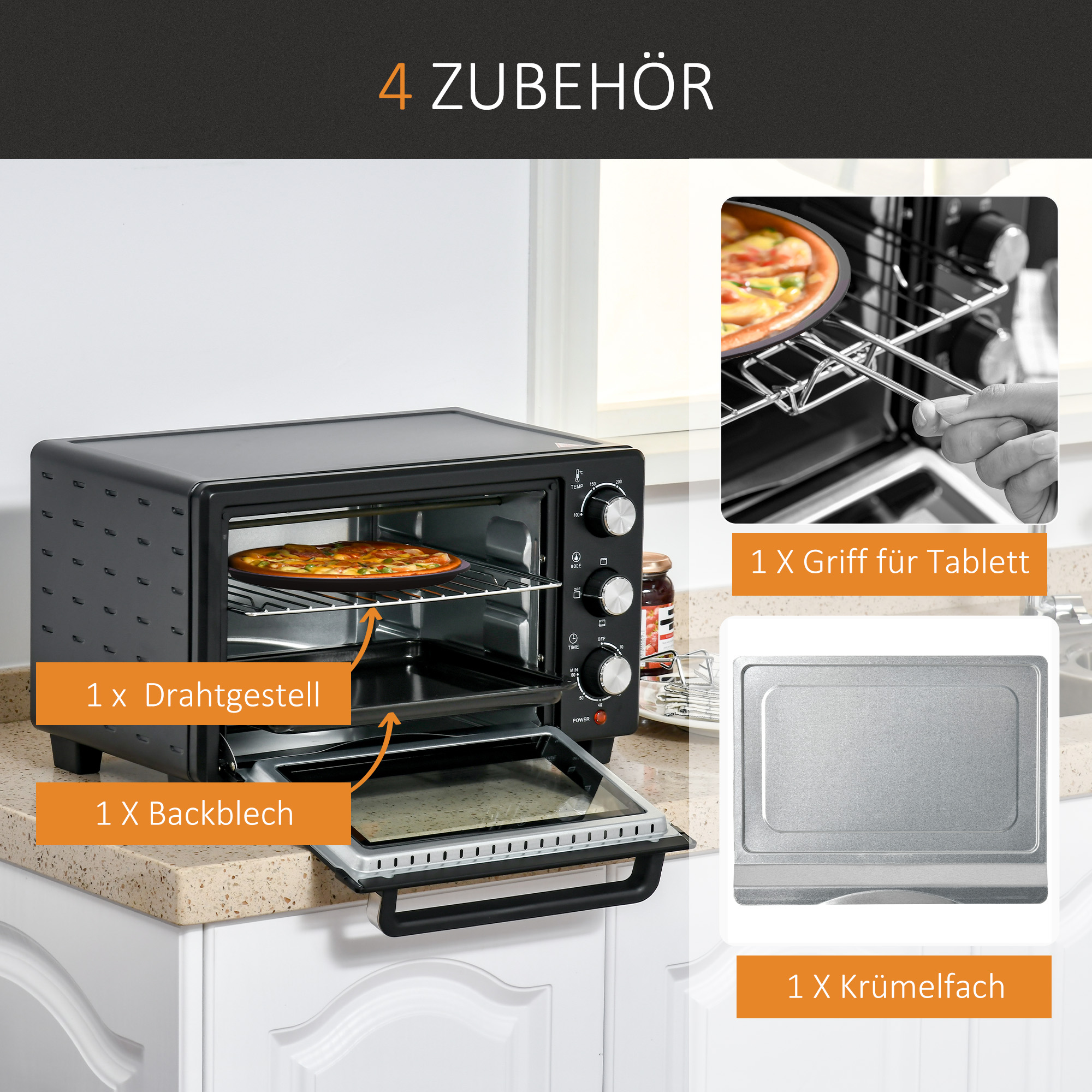 Minibackofen, 21 L Toasterofen mit 1 Drahtgestell und 1 Backblech, 3 Kochmodi, 100 °C-230 °C, Edelstahl, Glas, Schwarz
