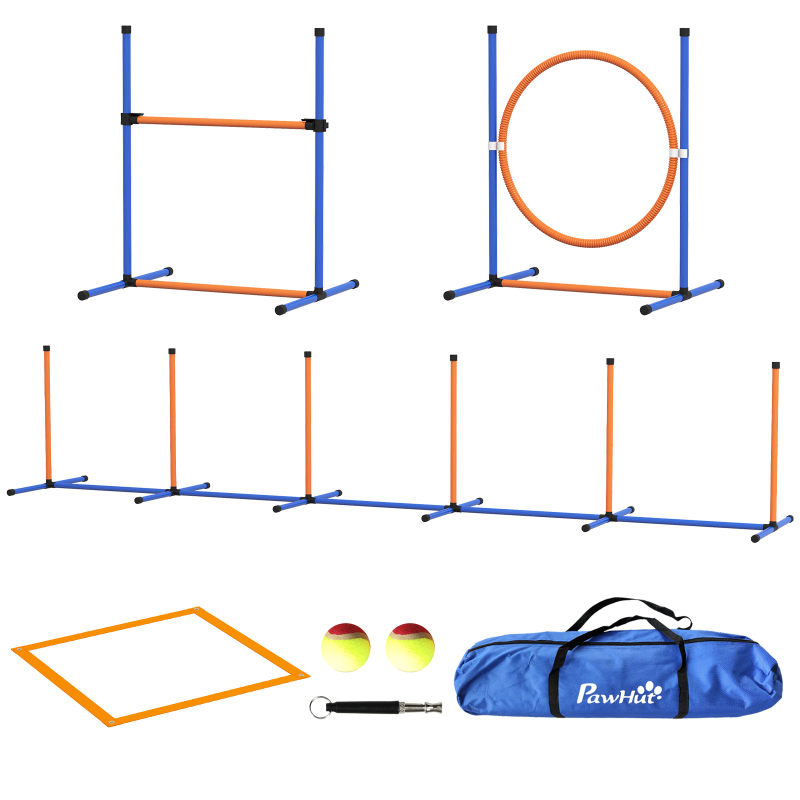 Hunde-Agiliy-Set Hundeparcours, 1 Reifen, 1 Hürde, 1 Slalom-Set, 352 cm x 66 cm x 69 cm, Blau + Rot
