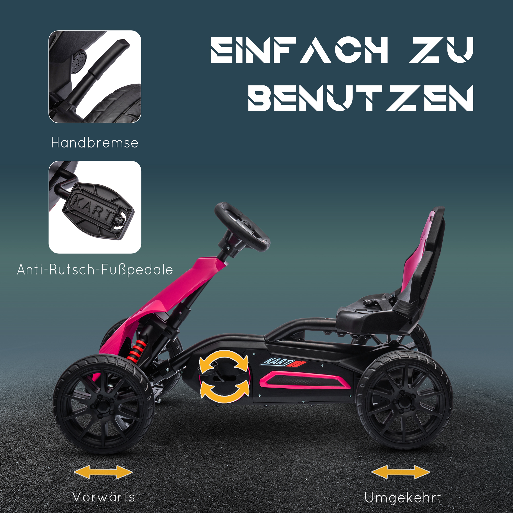 Go-Kart, Kinderfahrzeug mit verstellbarem Sitz, Tretfahrzeug, Tretauto mit Handbremse, 3-8 Jahre, Outdoor, Rosa