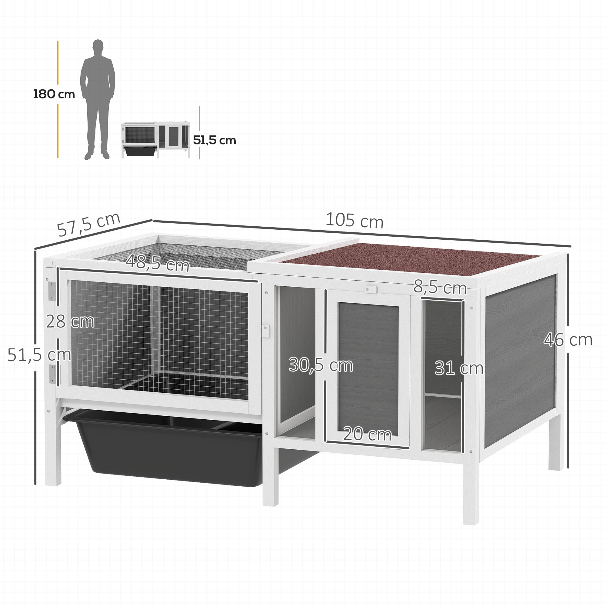 Hasenstall Kaninchenstall aus Holz mit Freilaufgehege, Rampe, 3 Eingängen, Ausziehschale, 105 x 57,5 x 51,5 cm Grau