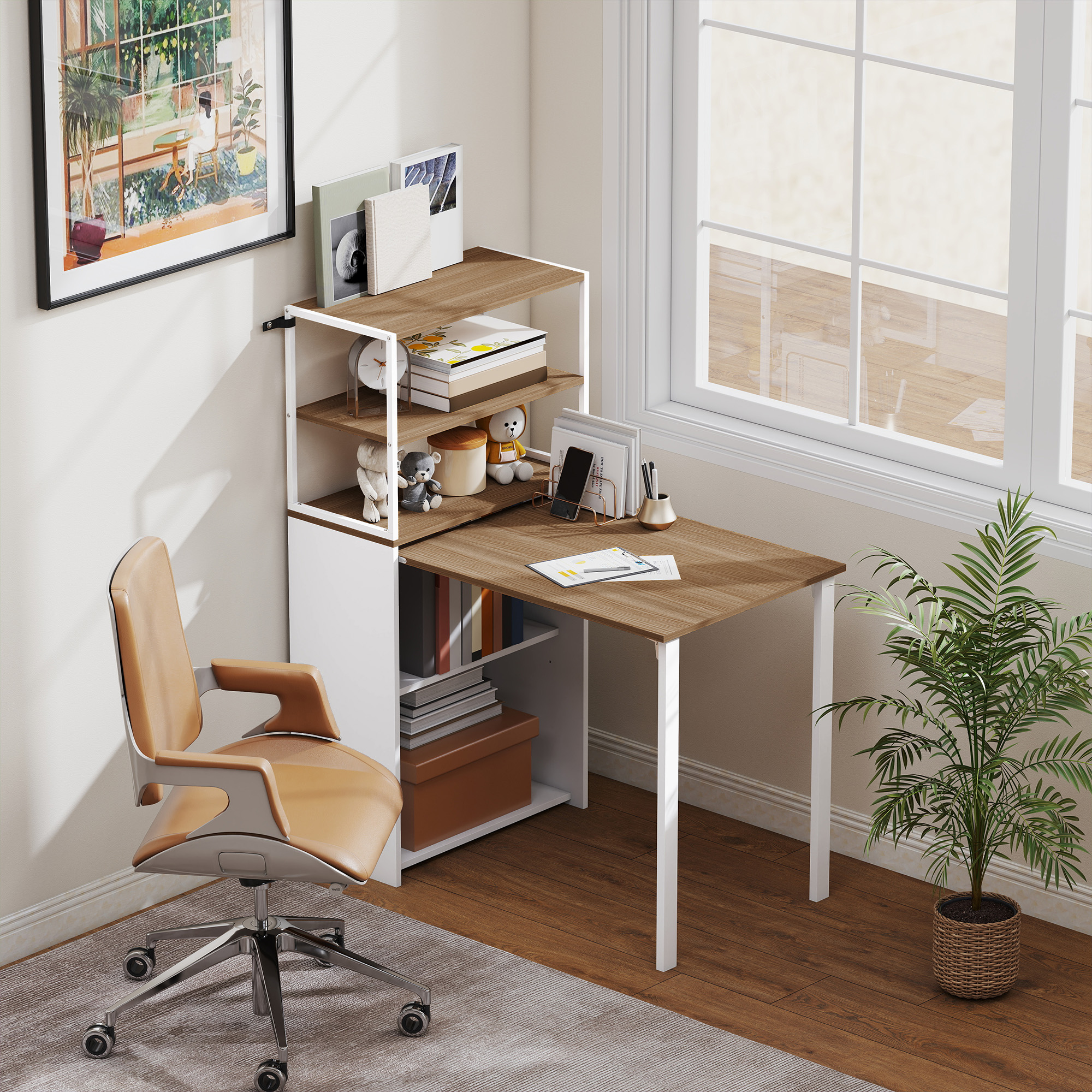 Schreibtisch Klappbar Küchentisch mit 4 Regal Computertisch Arbeitstisch Laptoptisch 105 x 60 x 127 cm Naturholz