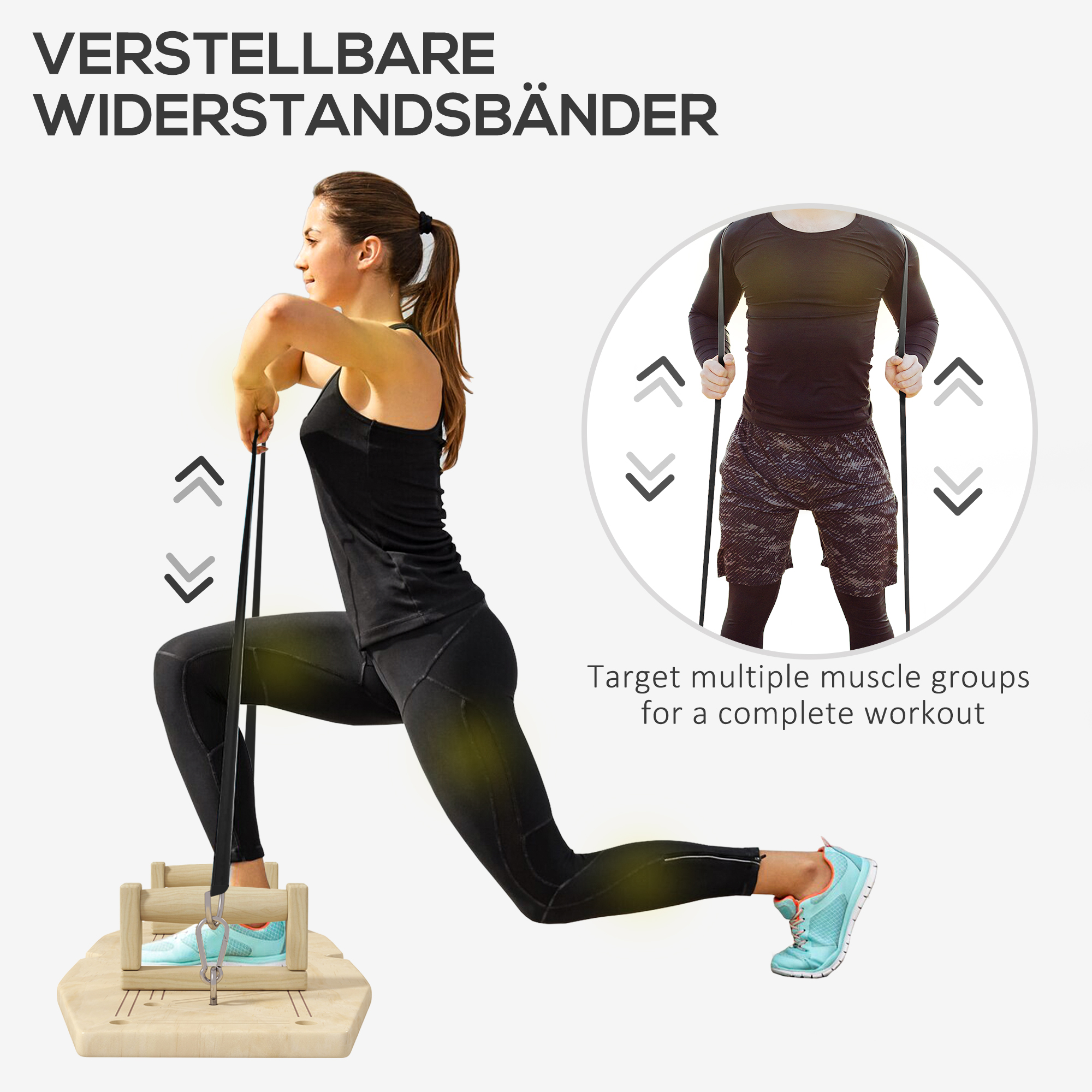 Push Up Bars Set, Liegestützgriffe mit Trainingsboard & Widerstandsbändern, Holz