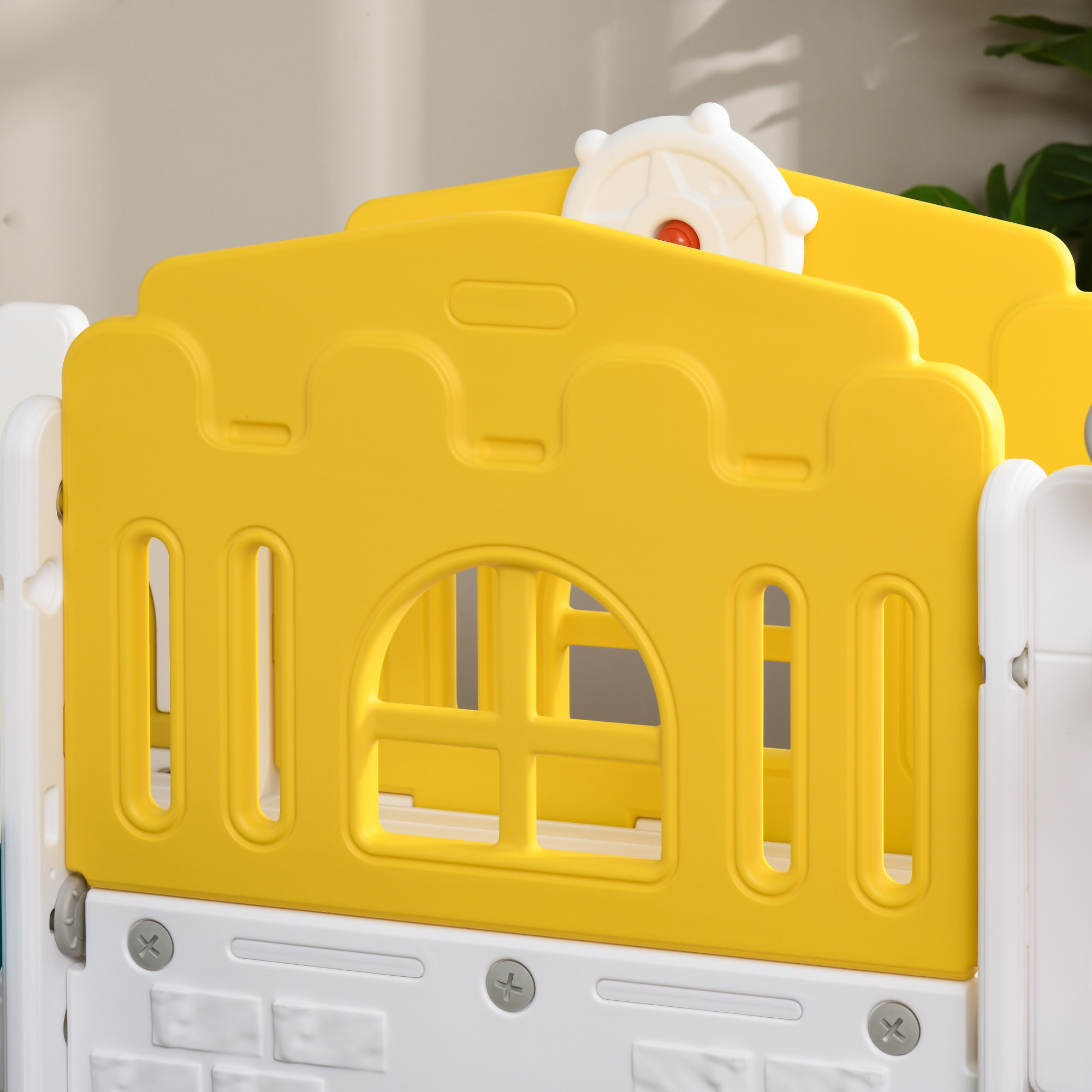 Kinderrutsche, 7-in-1 Spielgerüst, mit Basketball & Lenkrad, für 1-3 Jahre, 178x177x99cm, Gelb/Weiß/Grün