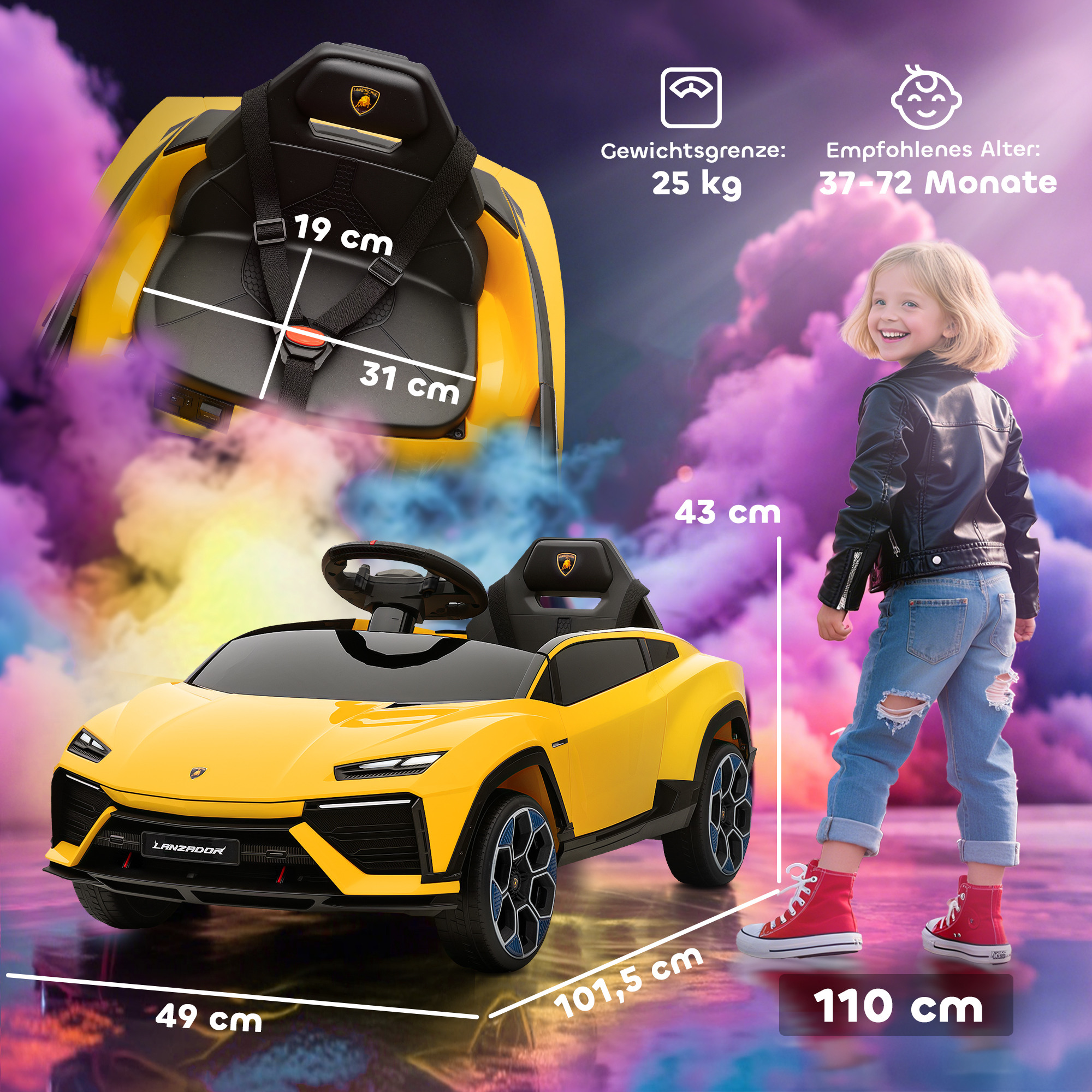 Kinder Elektroauto 12V Kinderauto mit 2,4 GHz Fernbedienung, 2 Motor, Hupe, LED, Musik, 101,5 x 49 x 43 cm, Gelb