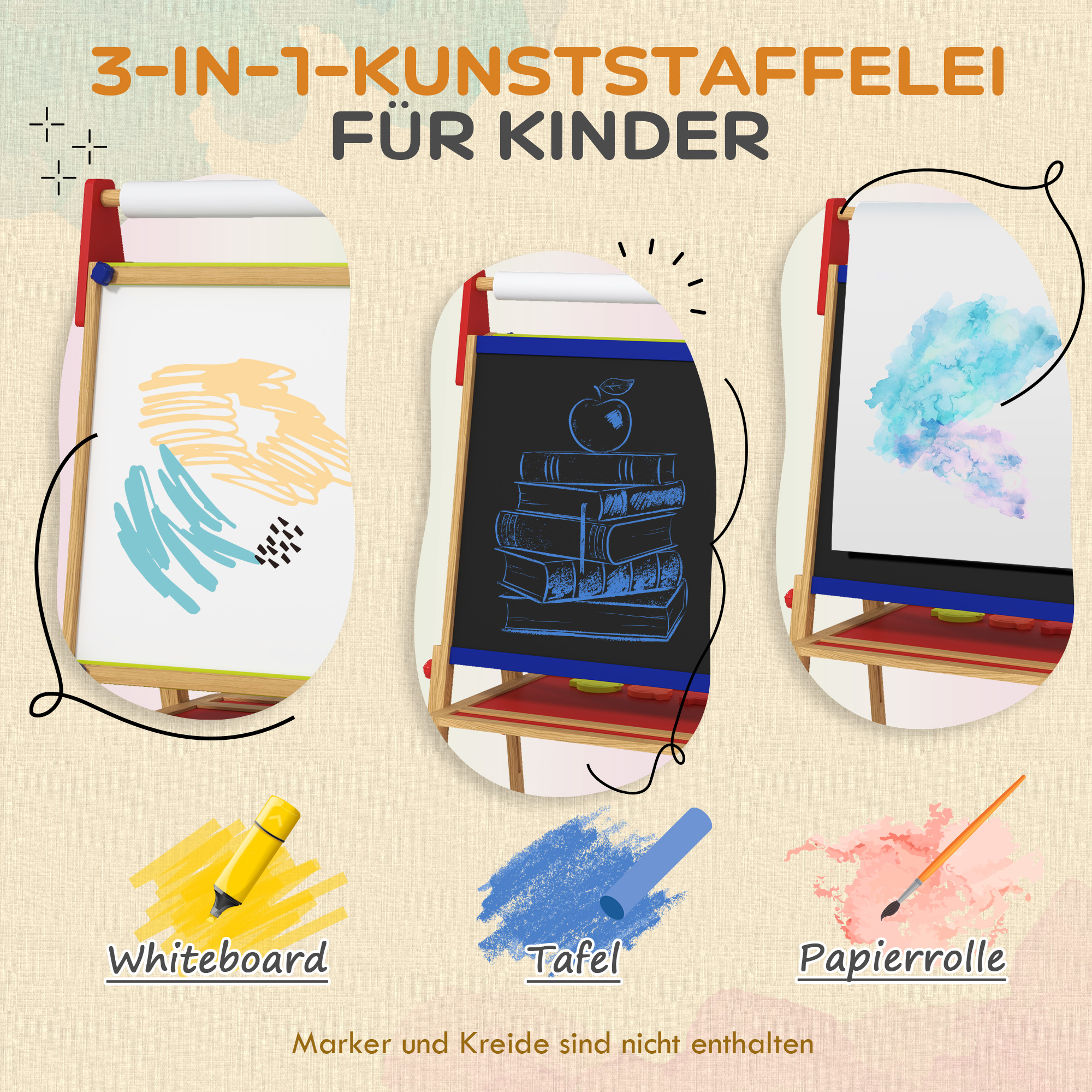 3-in-1 Kindermalstaffelei, Kreidetafel, Whiteboard, Papierrolle, inklusive Zubehör, Kiefernholz, verstellbar