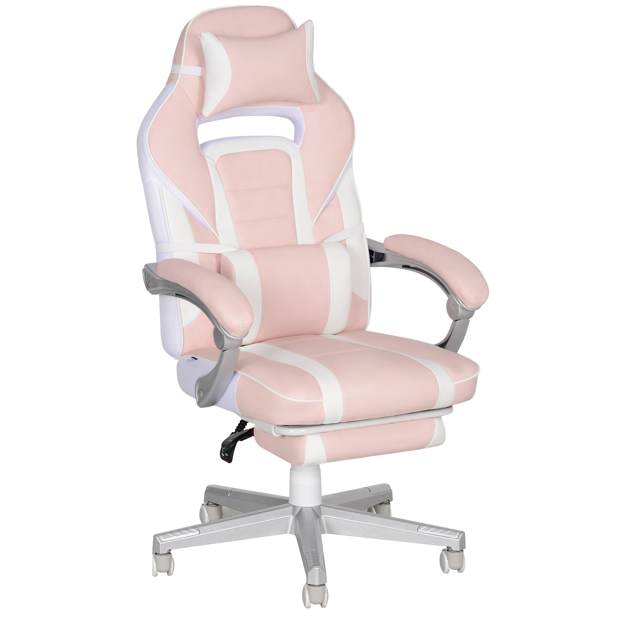 Gamingstuhl mit Fußstütze, Kopf- & Lendenkissen, drehbar, höhenverstellbar, Rosa Gamingstuhl mit Fußstütze, Kopf- & Lendenkissen, drehbar, höhenverstellbar, Rosa